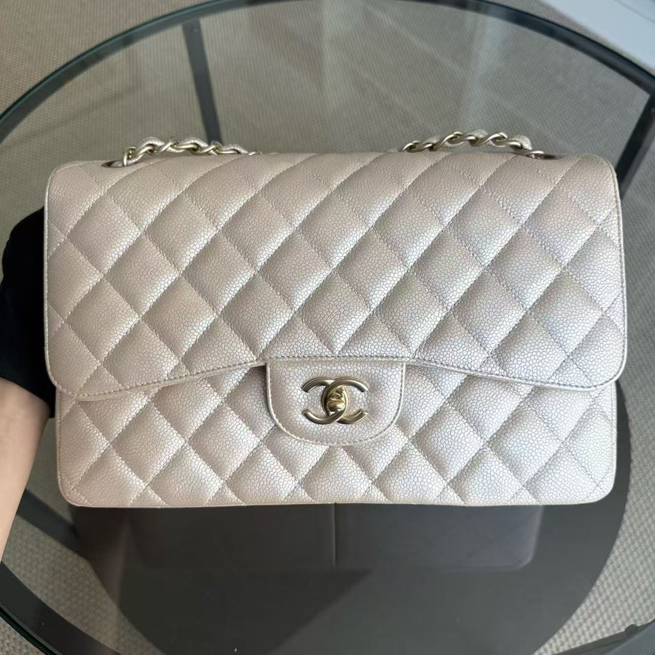 Chanel Classic Flap Jumbo - Iridescent Caviar Double Flap Beige Gold Hardware Series 16