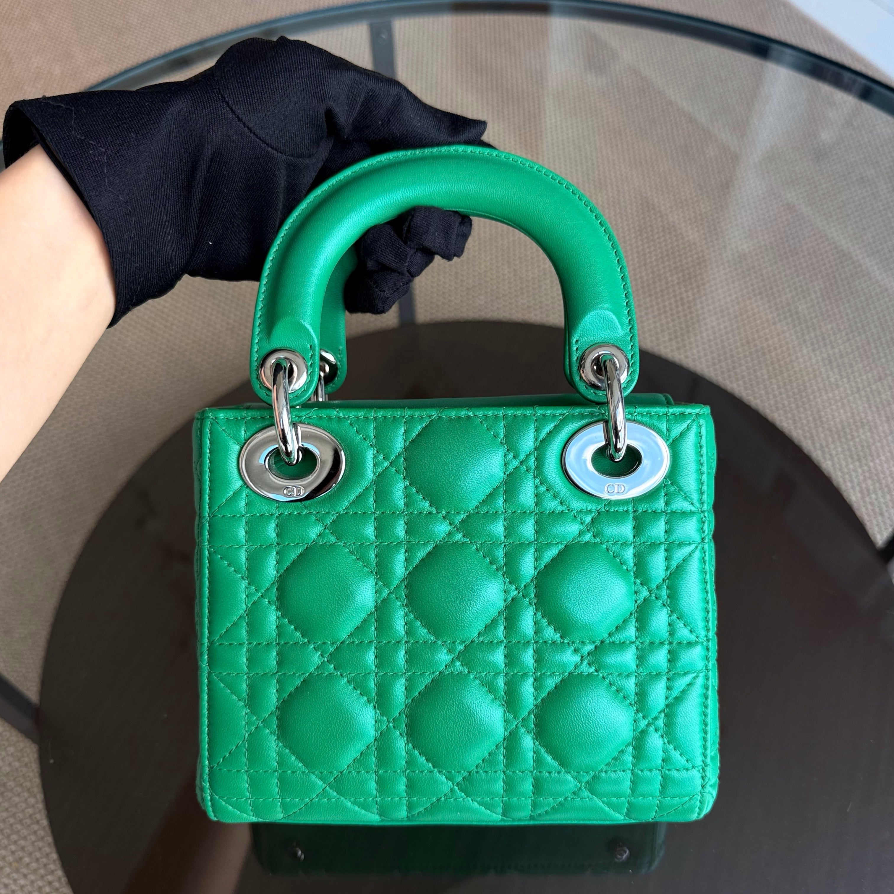 Dior Lady Mini - Cannage Lambskin Jade Green Silver Hardware Adjustable Strap