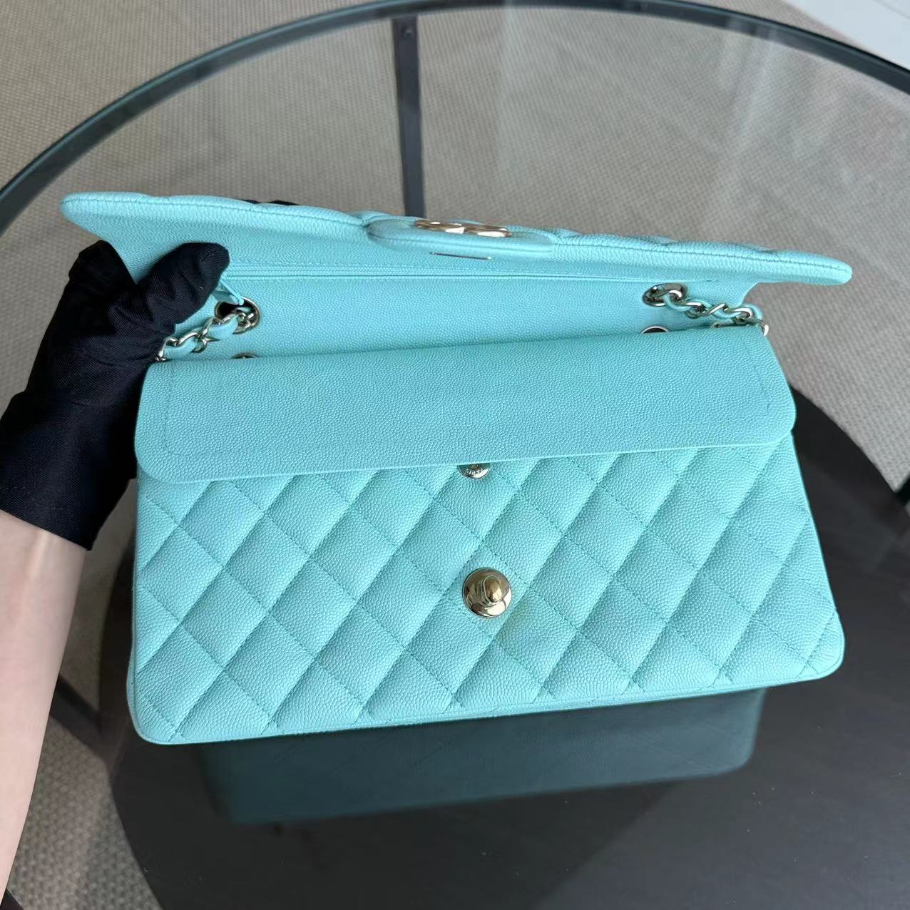 *Rare* Chanel Classic Flap Medium - Caviar 25CM Quilted Tiffany Blue Gold Hardware Series 27