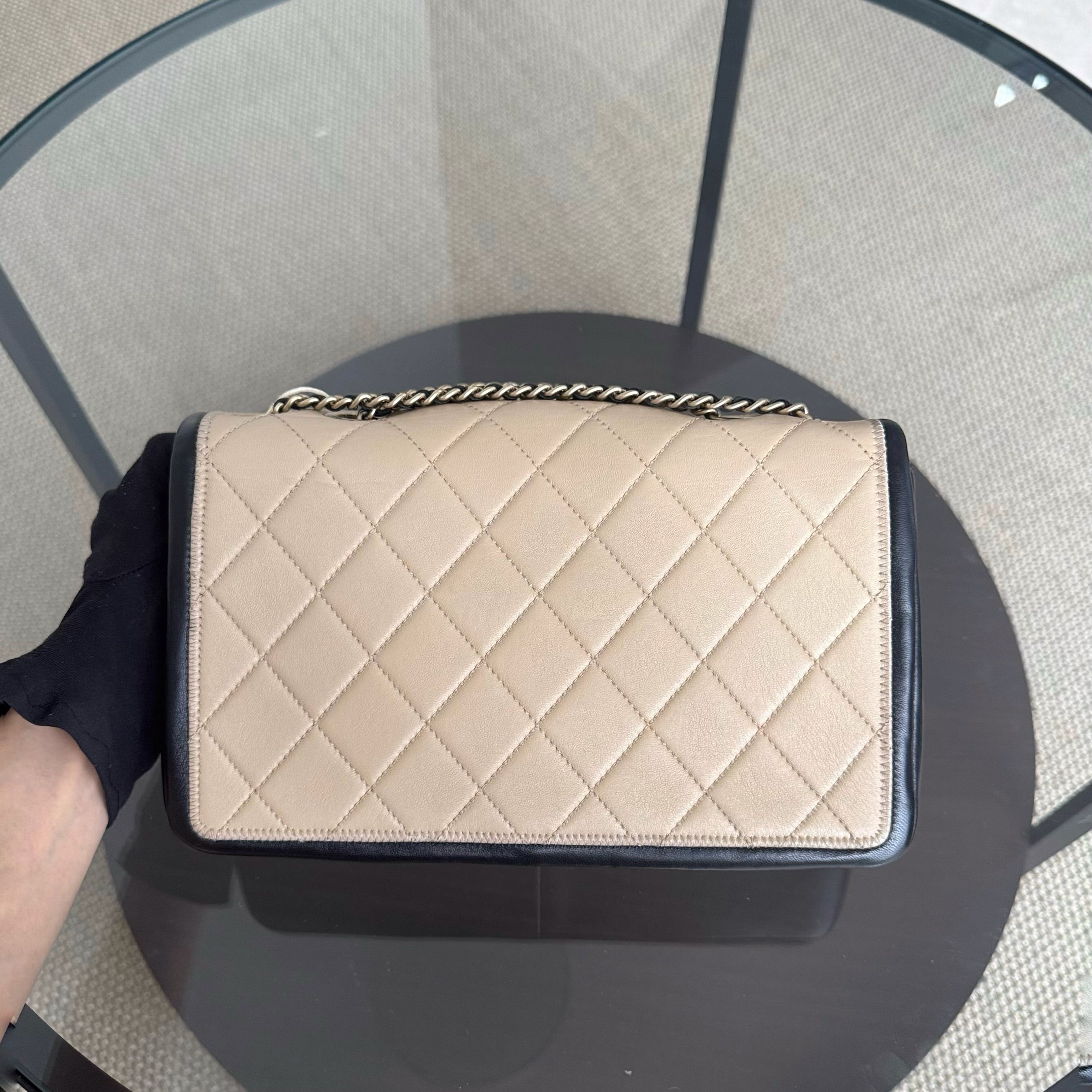 Chanel Seasonal Flap - 25CM Quilted Lambskin Bi-Color Beige Black Gold Hardware