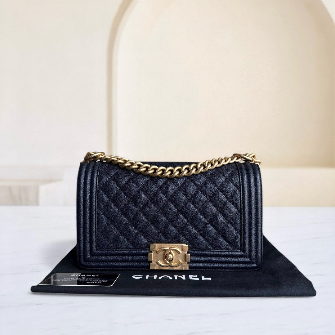 Chanel Boy Medium - Caviar 25CM Quilted Midnight Dark Blue Gold Hardware Series 26