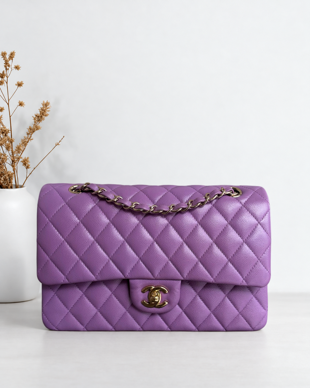 Chanel Classic Flap Medium - Caviar 25CM Quilted Purple Gold Hardware Microchip