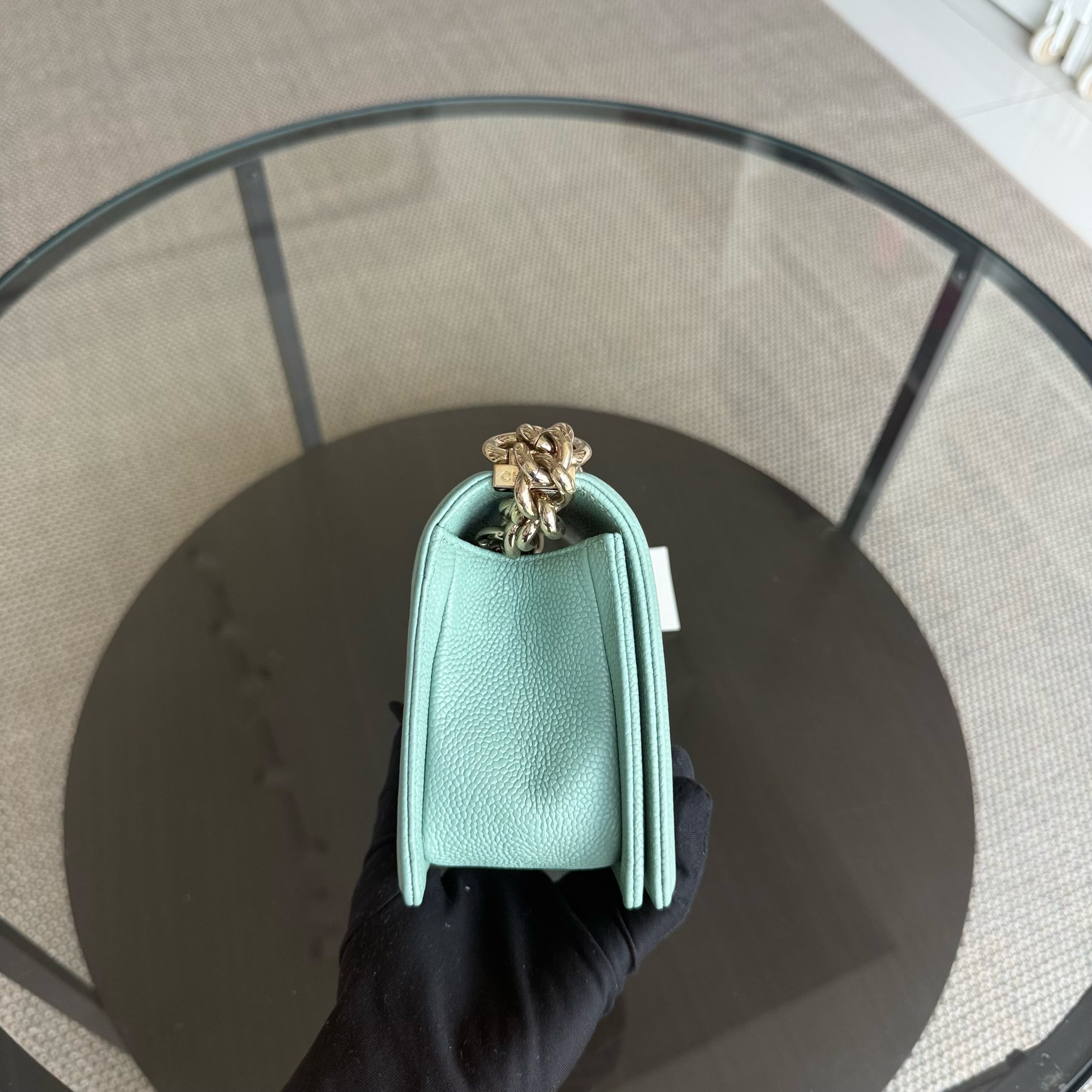 Chanel Boy Small - Caviar 20CM Quilted Tiffany Blue Gold Hardware Series 28