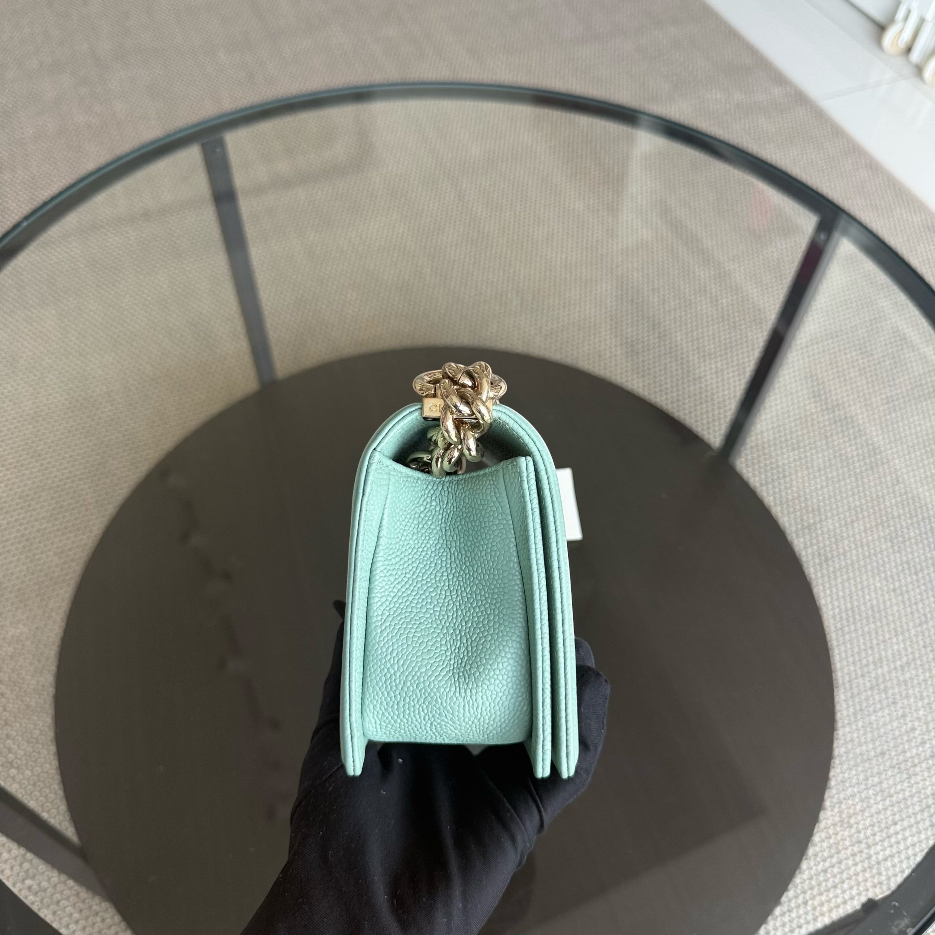Chanel Boy Small - Caviar 20CM Quilted Tiffany Blue Gold Hardware Series 28
