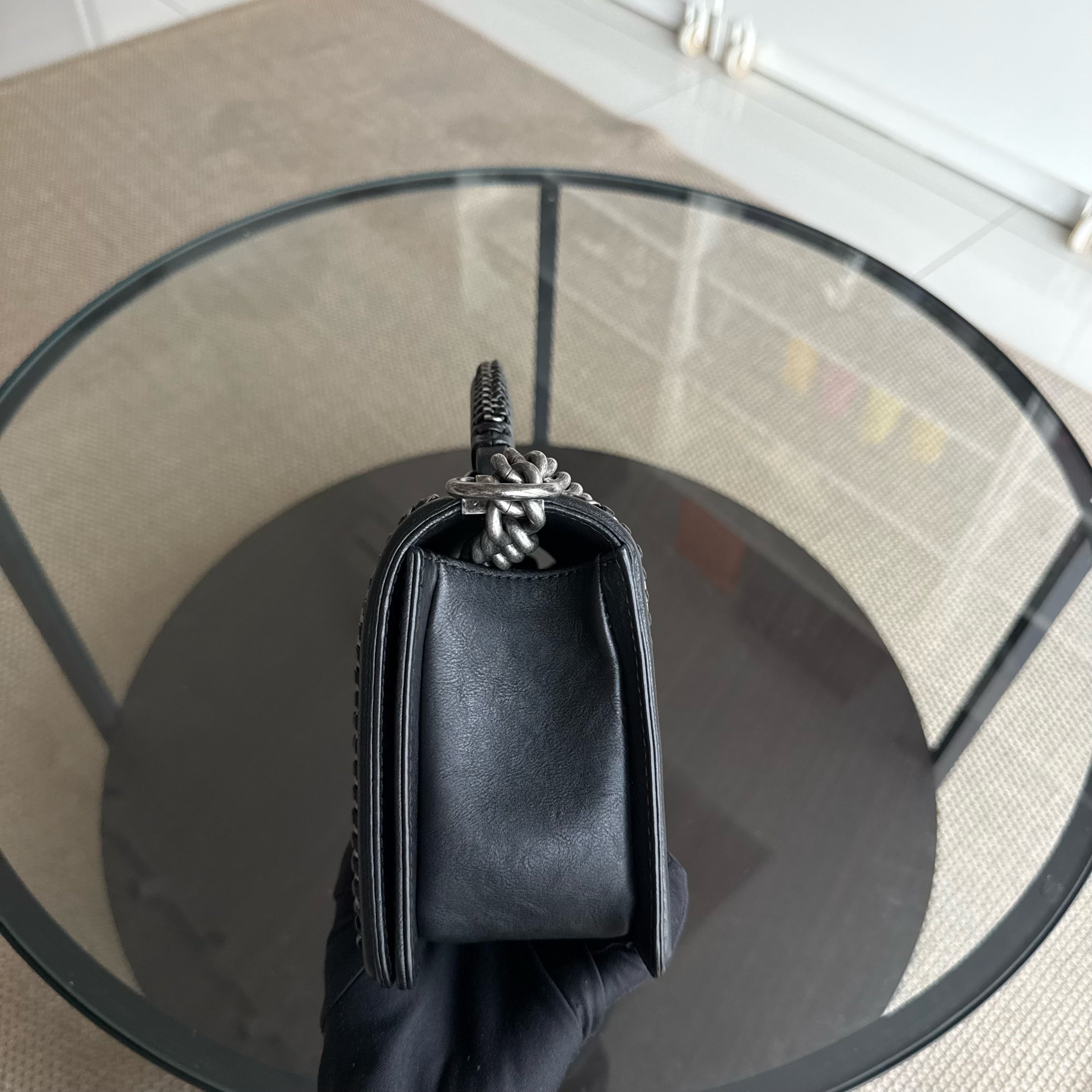 Chanel Boy Handle Old Medium 25CM Black Quilted Grained Calfskin With Handle Chain Around Ruthenium Silver Hardware Series 23