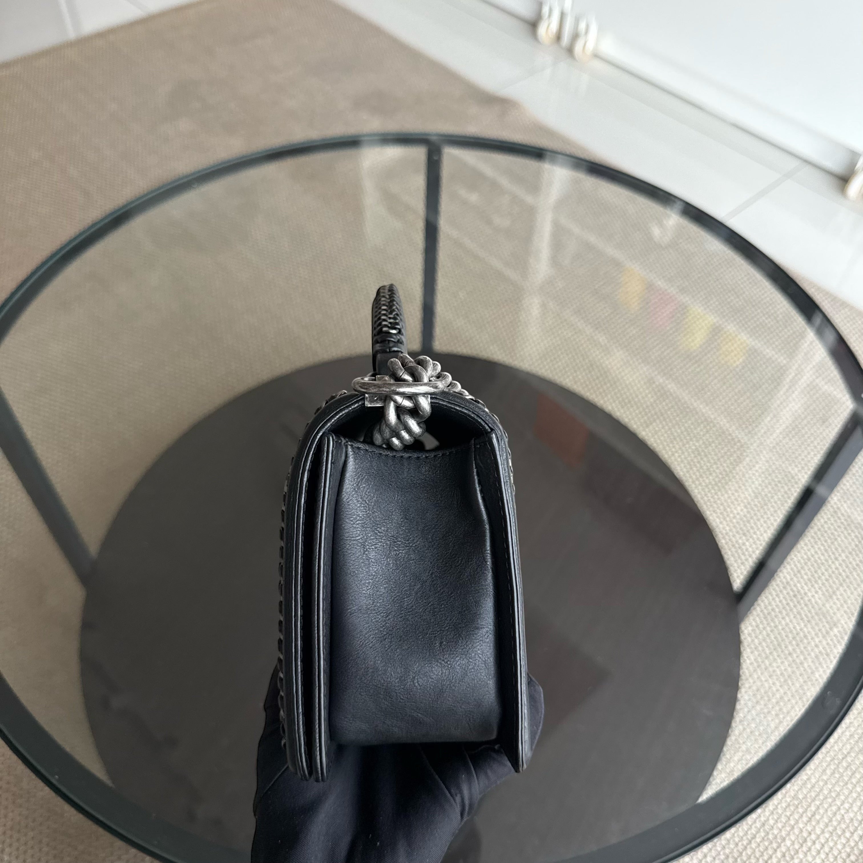Chanel Boy Handle Medium 25CM Black Quilted Caviar With Handle Chain Around Ruthenium Silver Hardware Series 23
