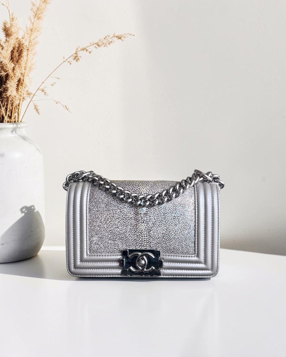 Chanel Boy Small - 20CM Stingray Gray Grey Silver Hardware Series 20
