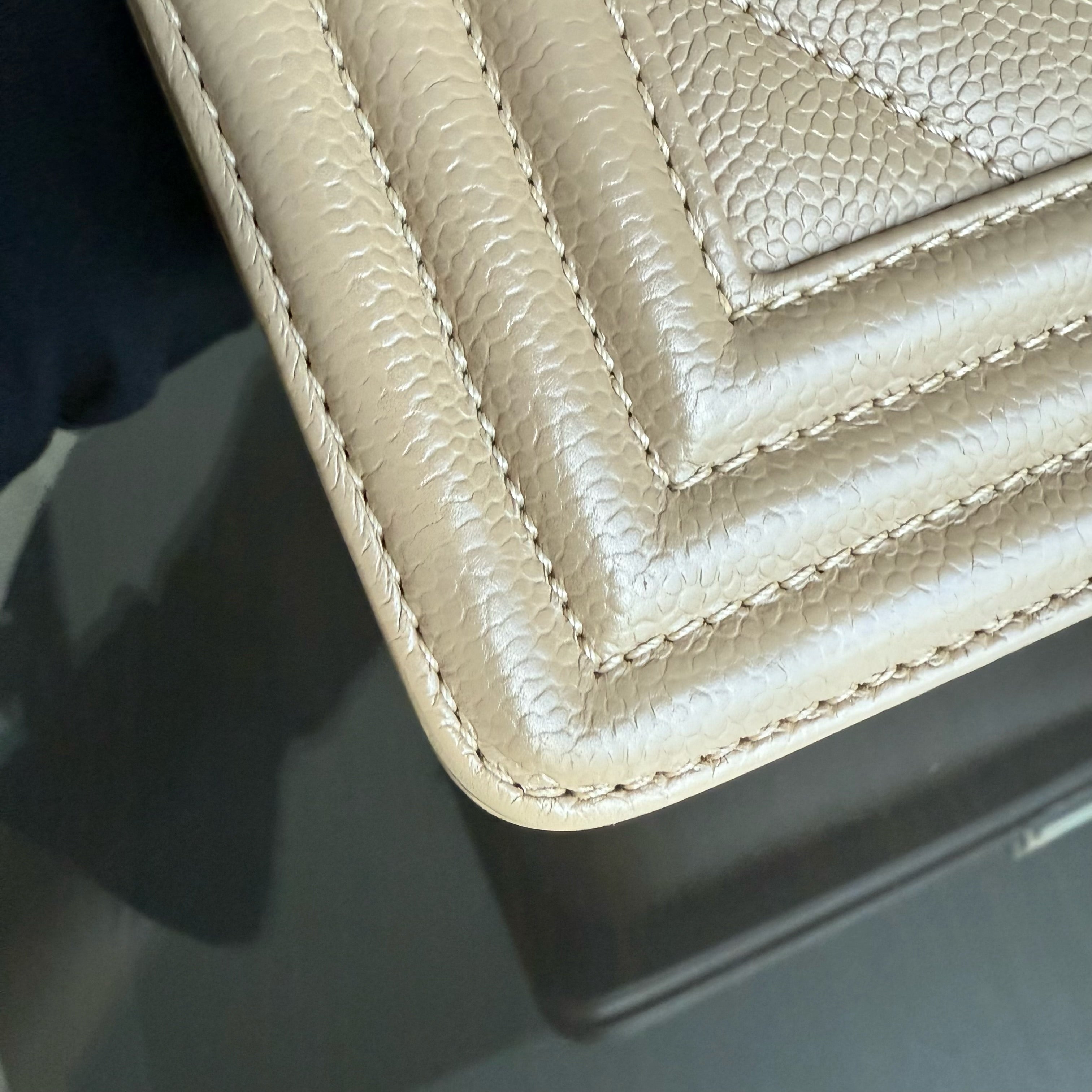 Chanel Boy Medium - Caviar 25CM Chevron Grained Calfskin Beige Gold Hardware Series 25