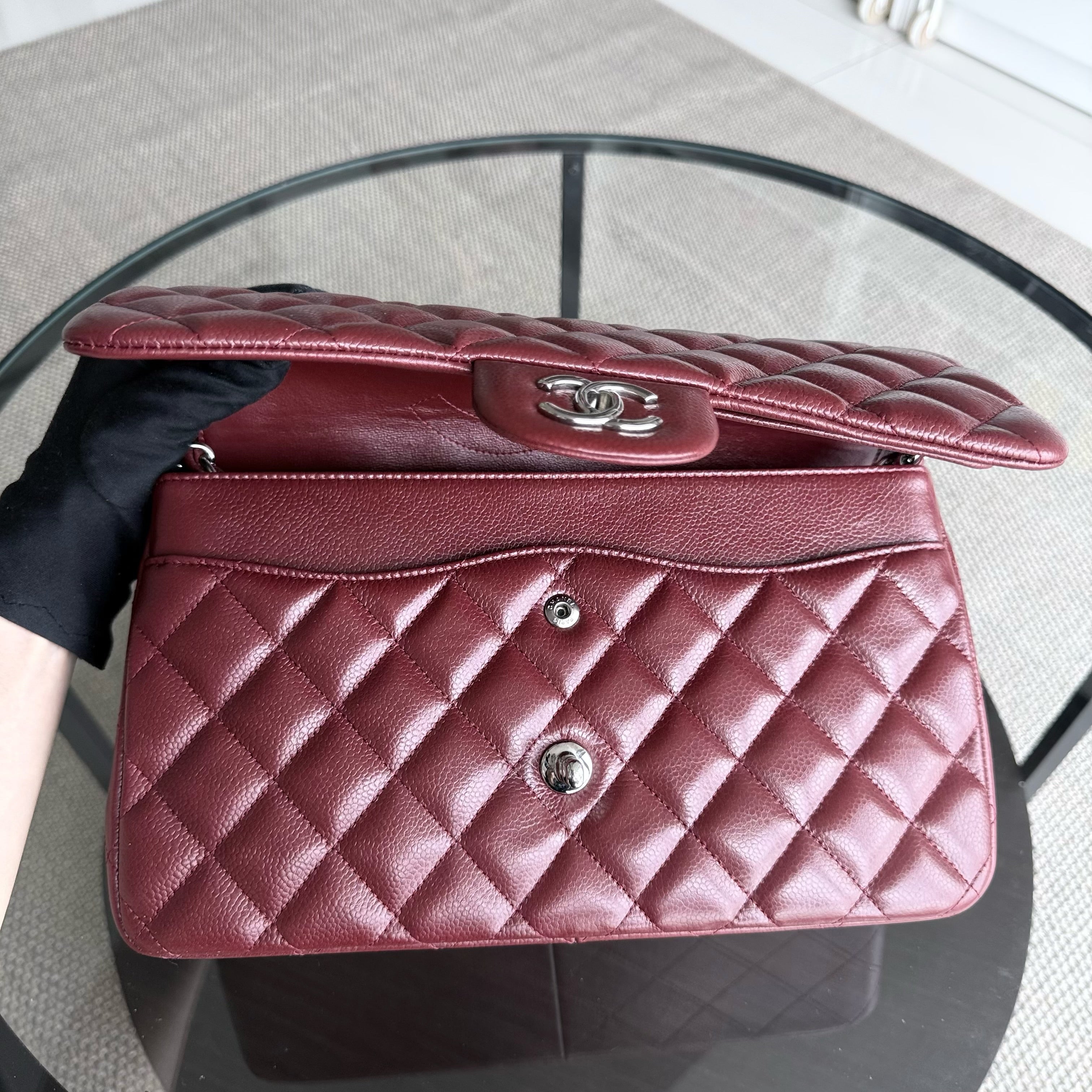 Chanel Classic Flap Jumbo - Caviar 30CM Double Flap Quilted Burgundy Gold Hardware
