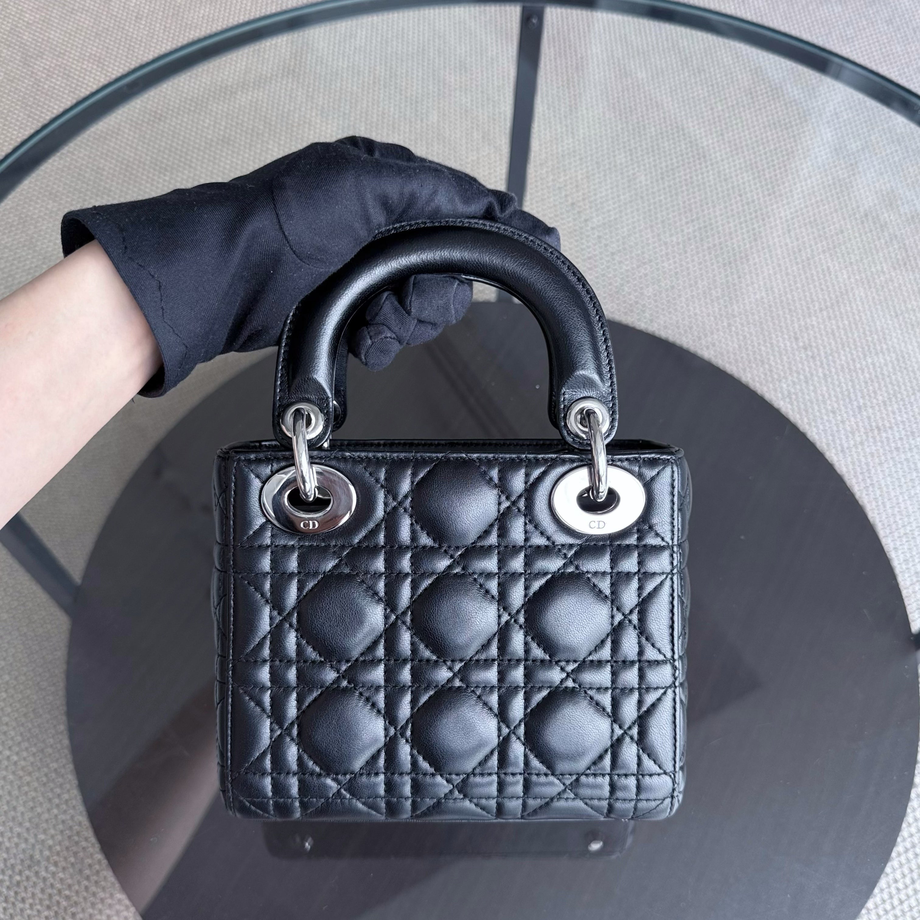 Dior Lady Mini - Cannage Lambskin Black Silver Hardware Adjustable Strap