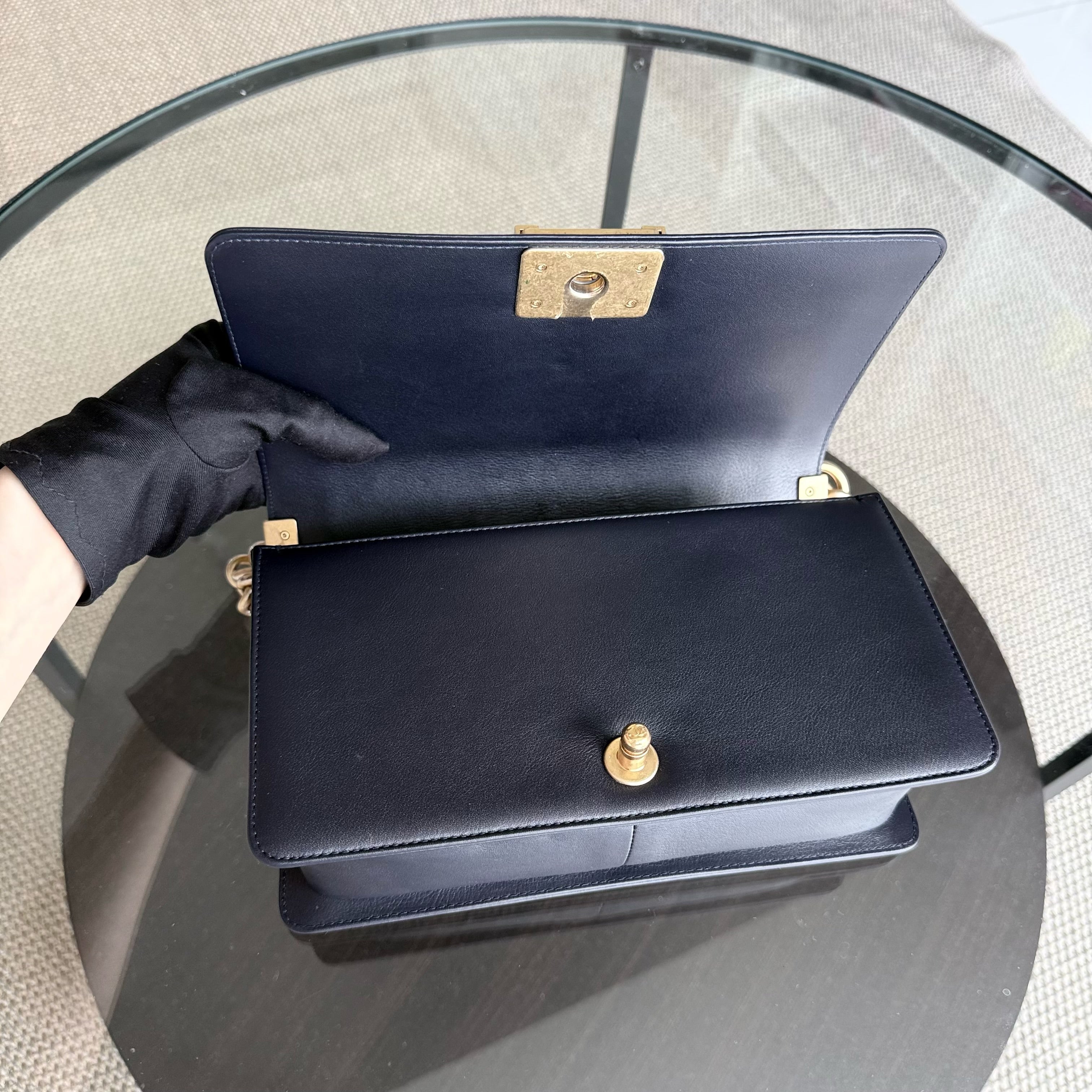 Chanel Boy Medium - Calfskin 25CM Quilted Dark Blue Gold Hardware Series 26