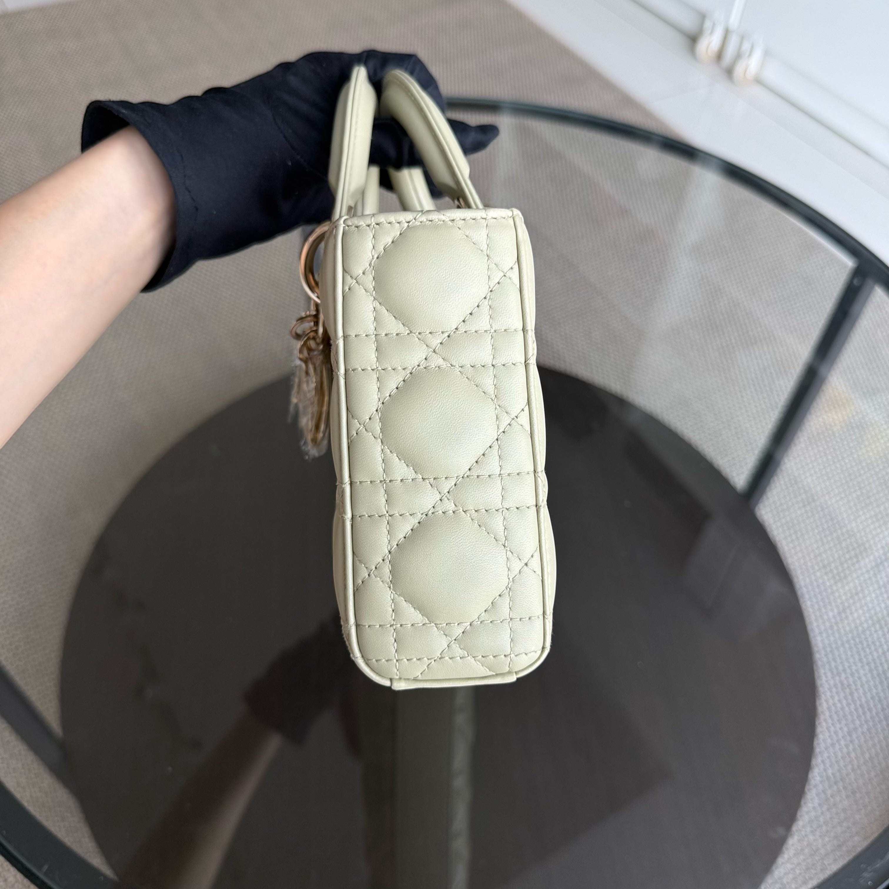 Dior D-Joy Medium - Cannage Lambskin Light Lime Beige Gold Hardware