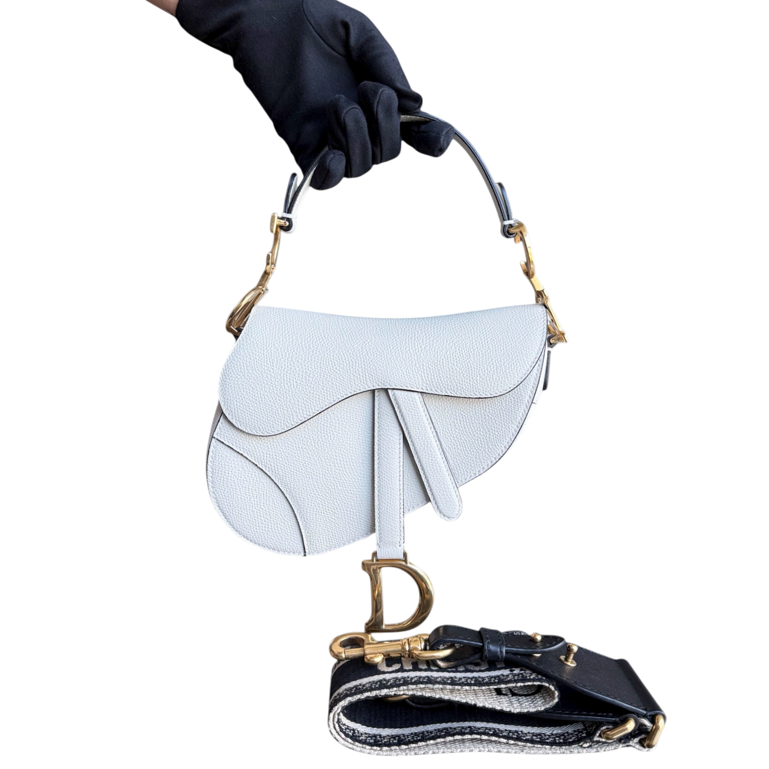 *With Strap, Grained Calfskin* Dior Saddle Small 21CM Grained Calfskin White GHW