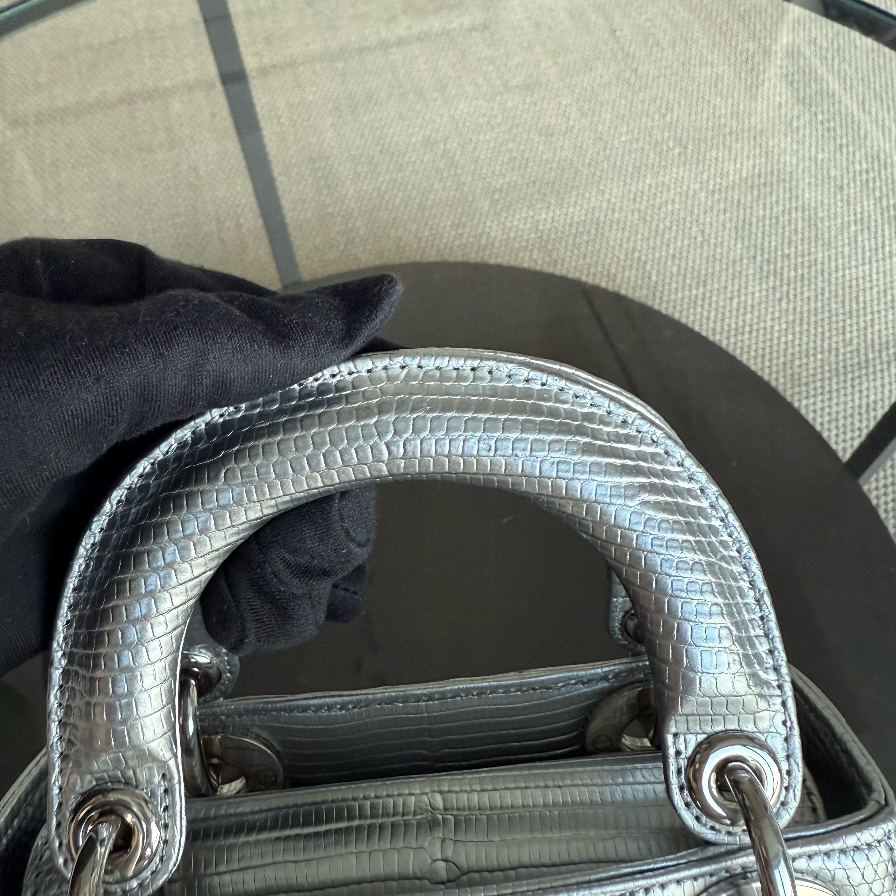 Dior Lady Mini - Exotic Lizard Gray Silver Hardware