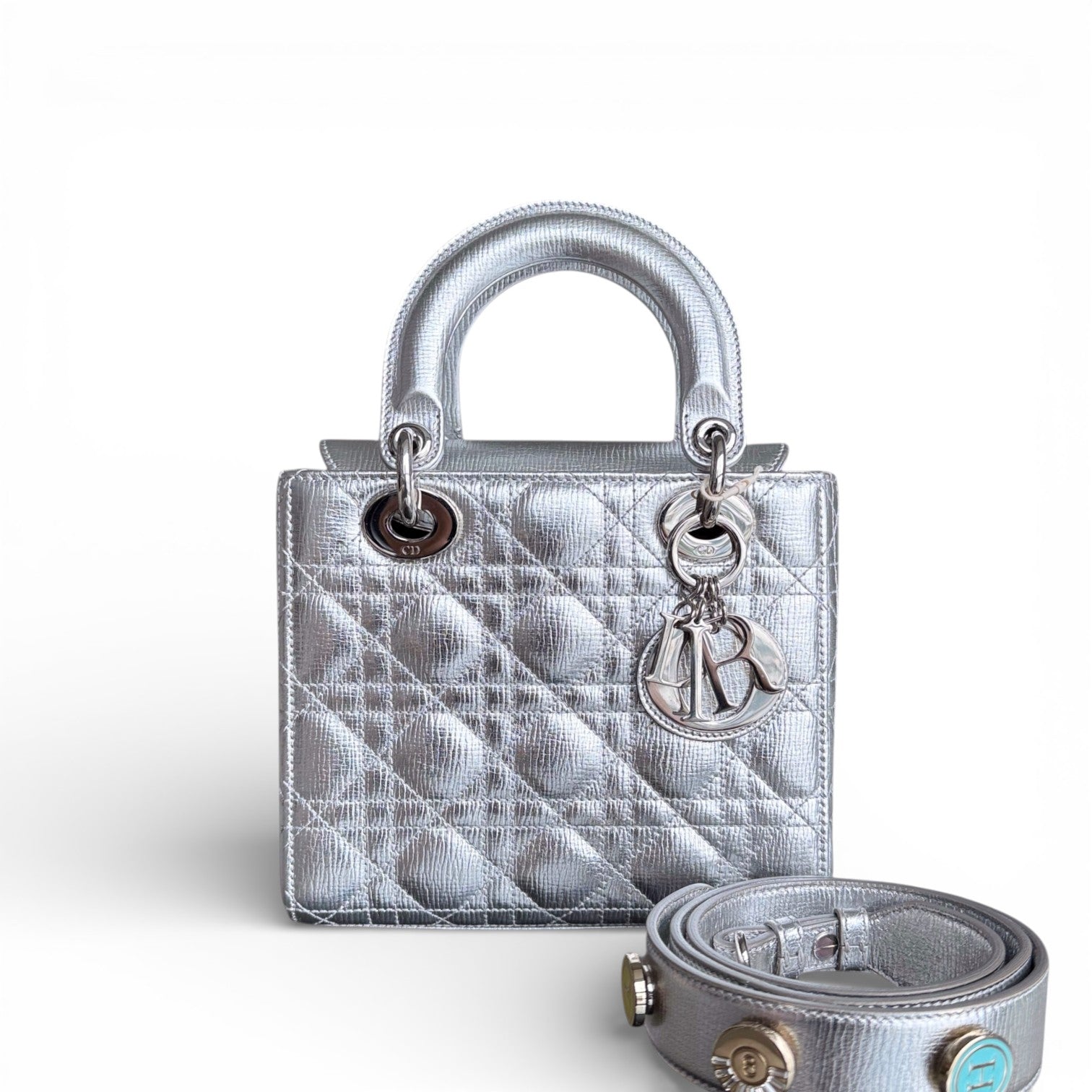 Dior Lady Small - Cannage Metallic Calfskin Silver Silver Hardware