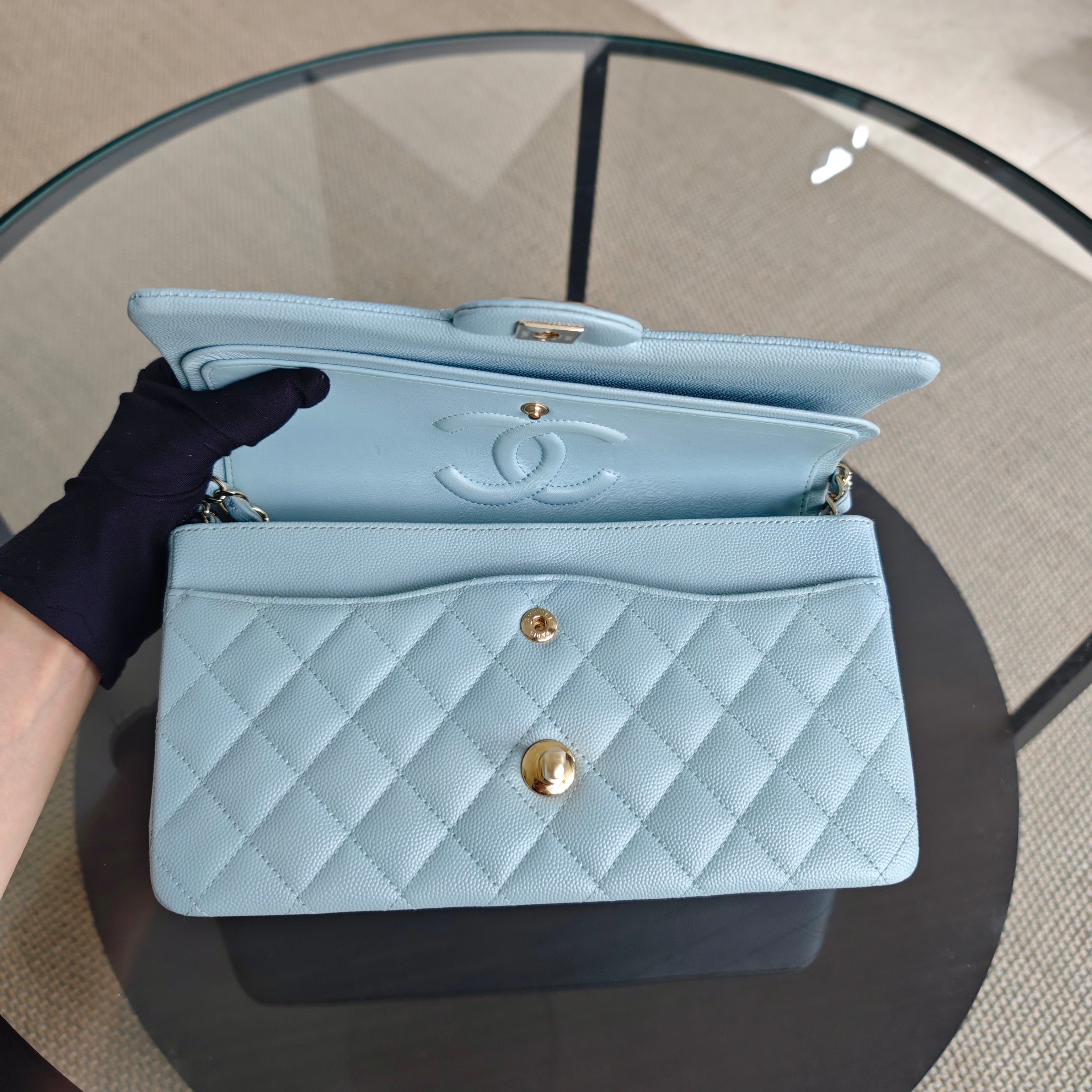 Chanel Classic Flap Medium - Caviar 25CM Quilted Light Blue Baby Blue Gold Hardware Microchip