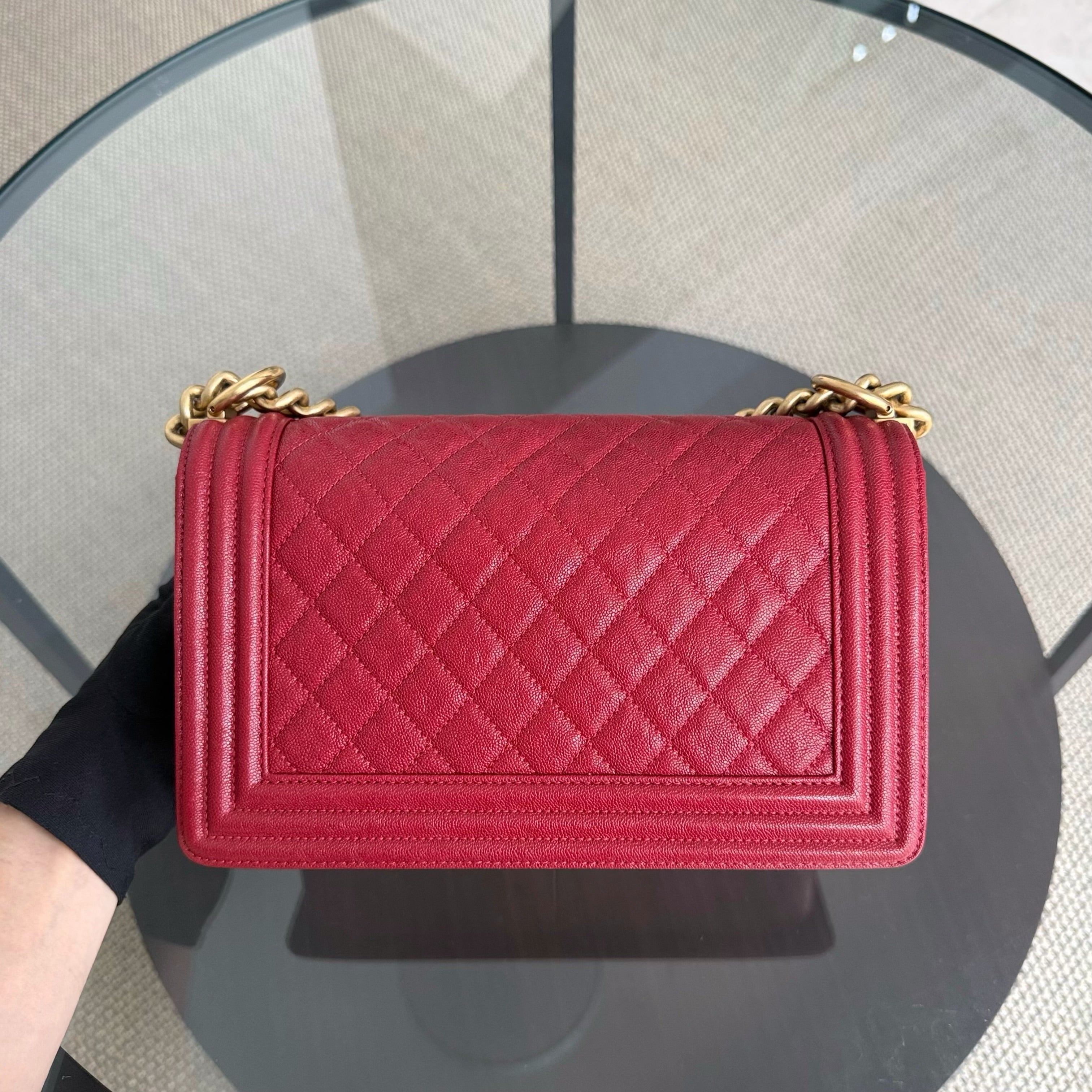 Chanel Boy Medium - Caviar 25CM Quilted Red Gold Hardware Series 27
