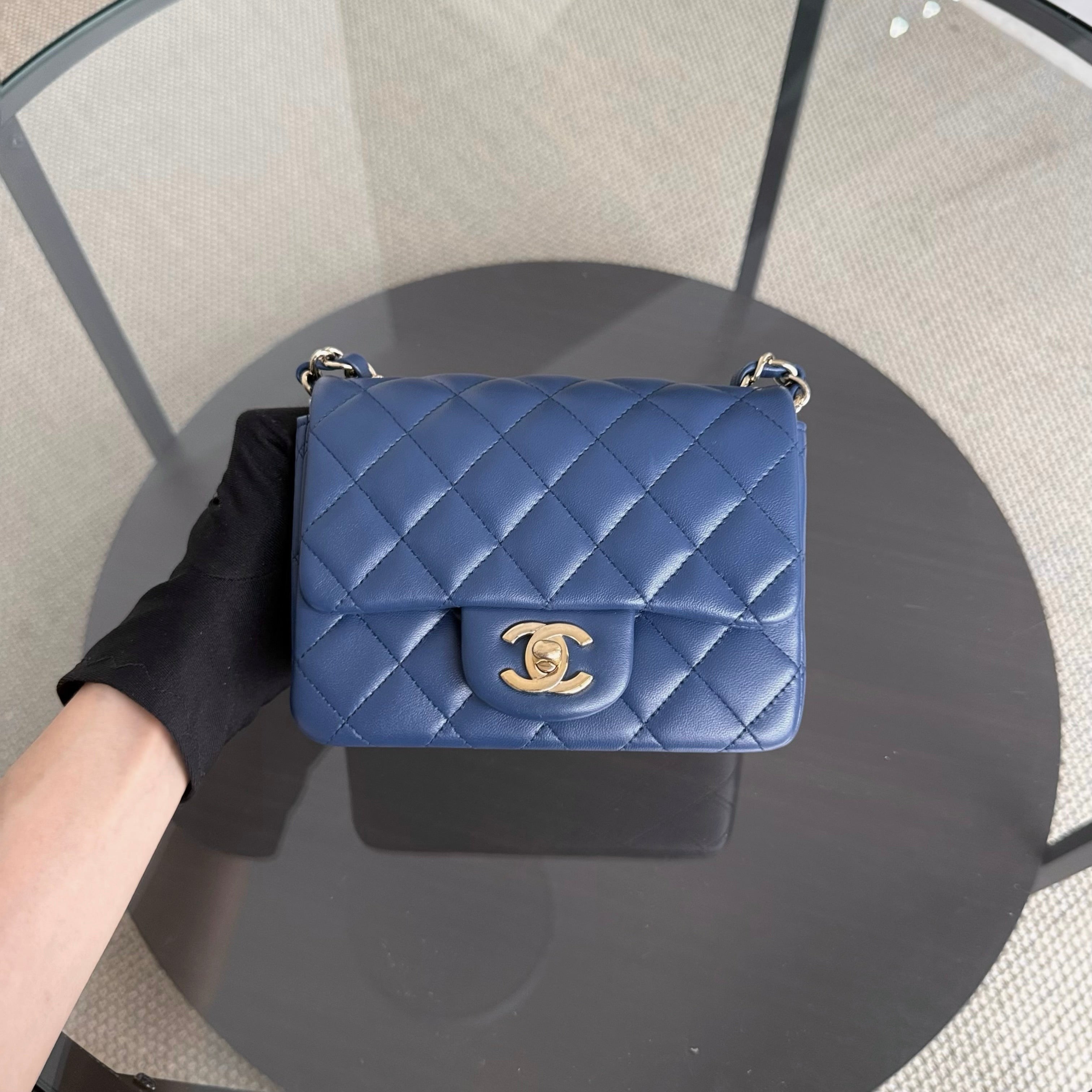 Chanel Classic Flap Mini Square - Lambskin Quilted Blue Gold Hardware Series 25
