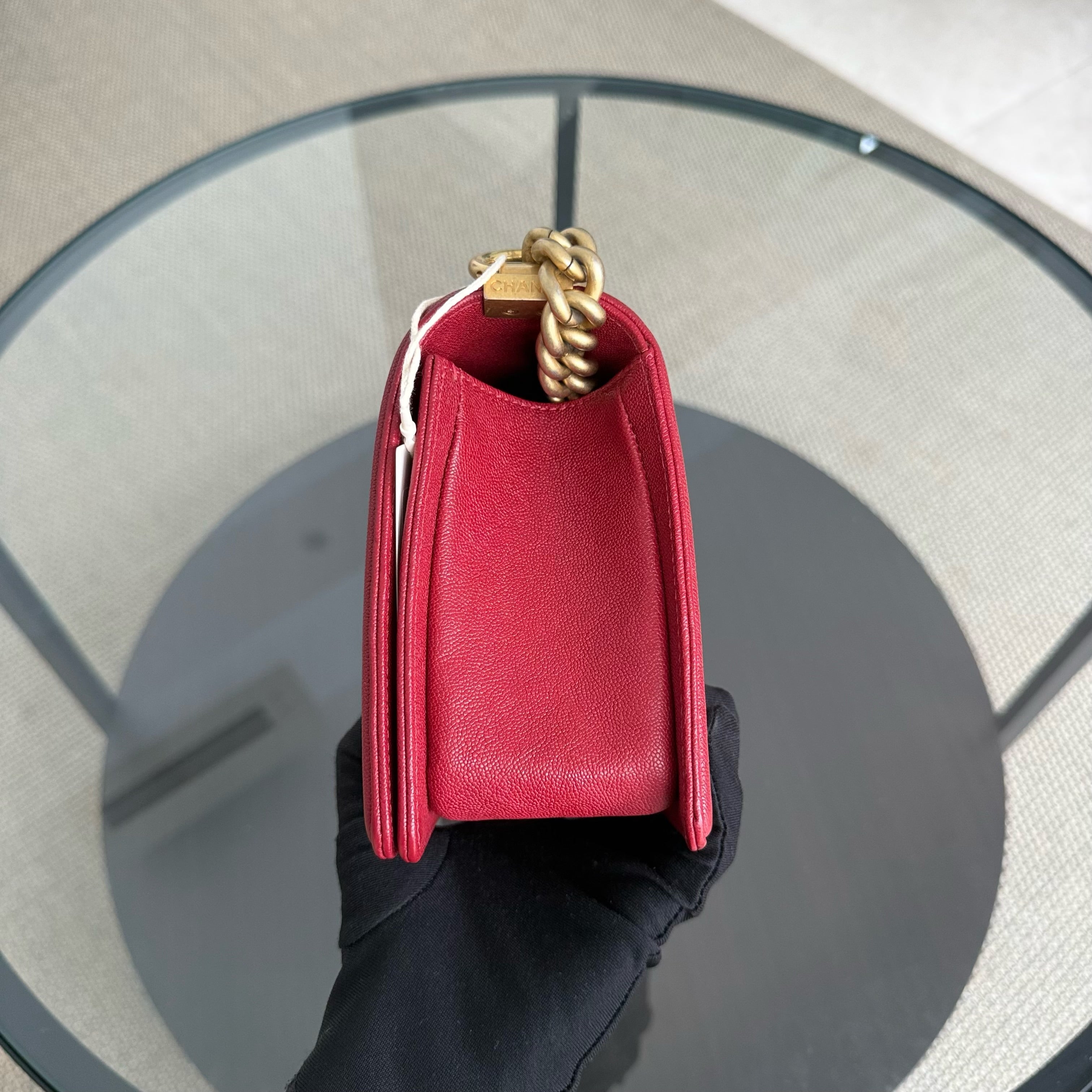 Chanel Boy Medium - Caviar 25CM Quilted Red Gold Hardware Series 27