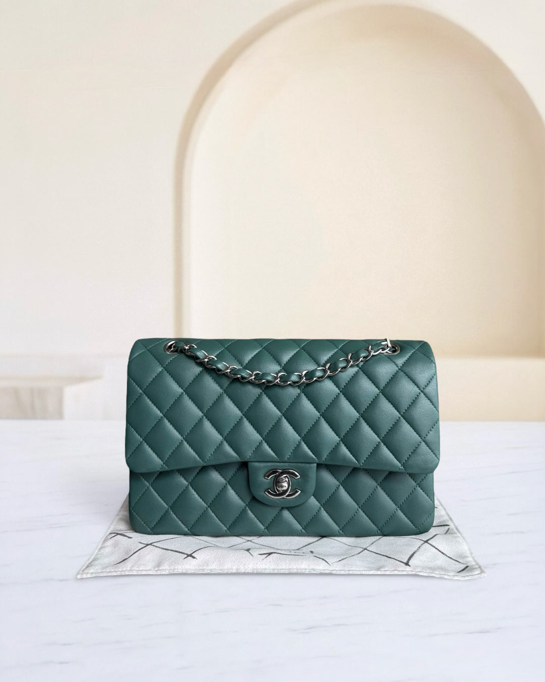 Chanel Classic Flap Medium - 25CM Quilted Lambskin Olive Green Blue Silver Hardware Series 26