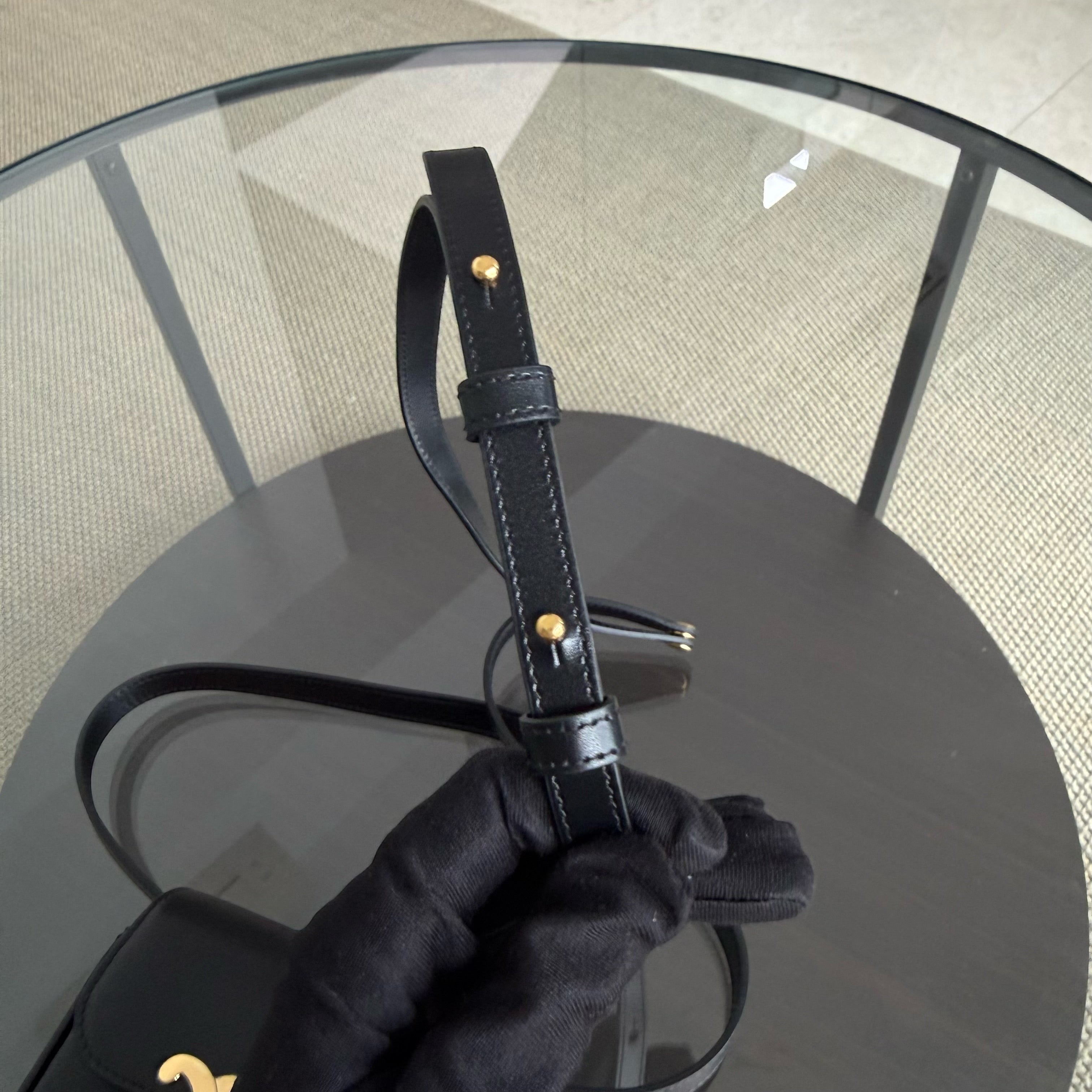 Celine Triomphe Mini Claude Flap Bag in Black Shiny Calfskin and GHW