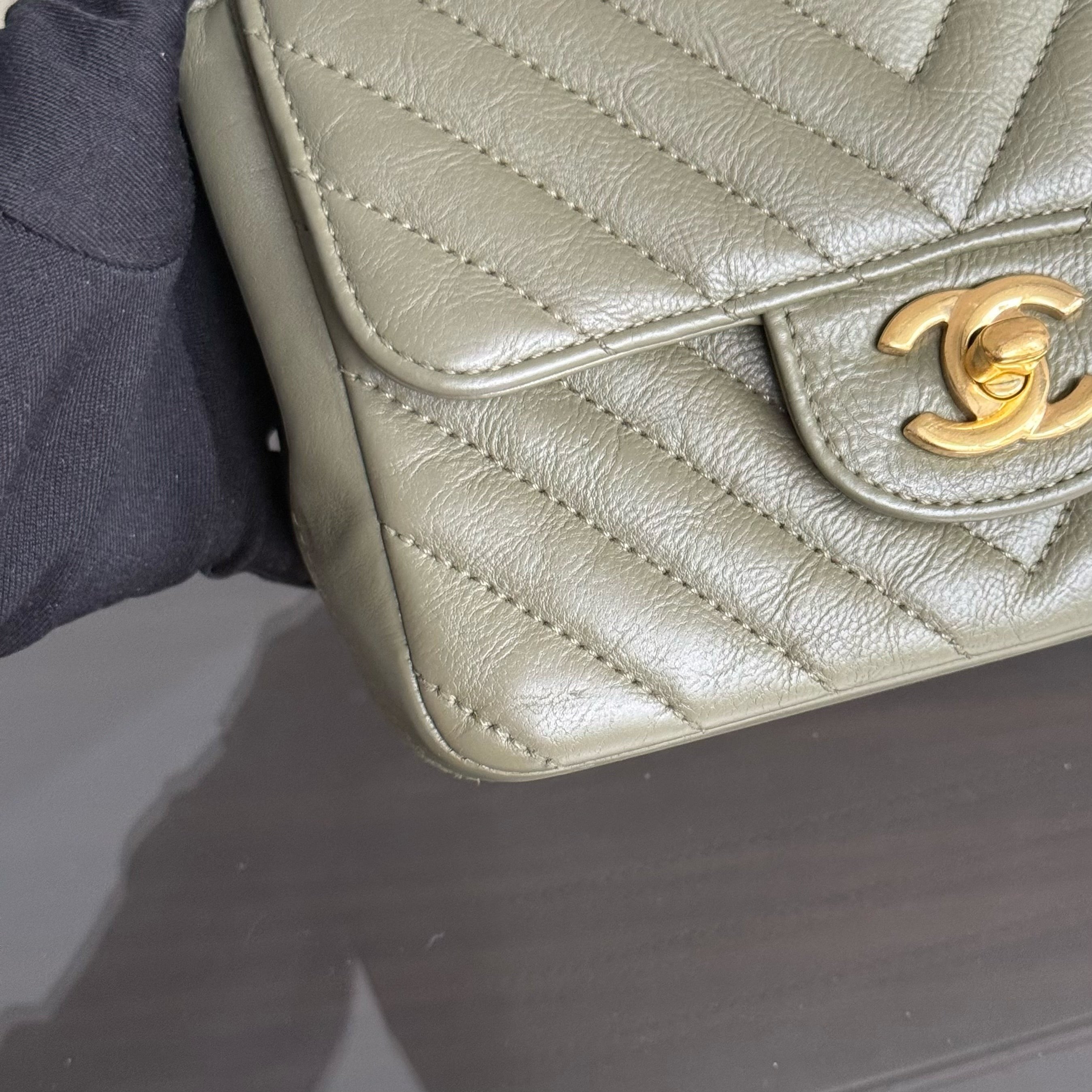 Chanel Classic Flap Mini Square - Calfskin Quilted Olive Green Gold Hardware Series 23