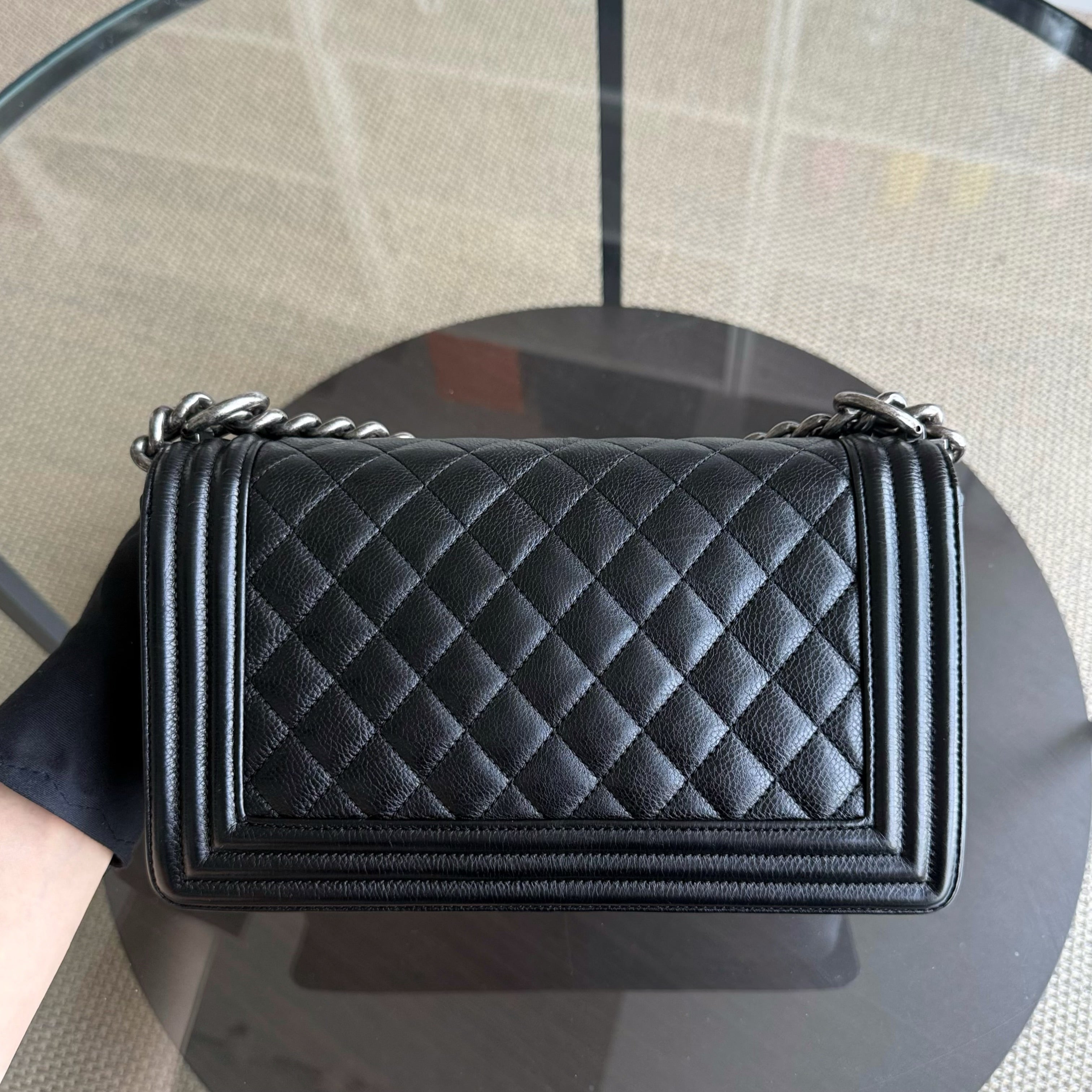 Chanel Boy Medium - 25CM Quilted Grained Calfskin Black Silver Hardware Series 23