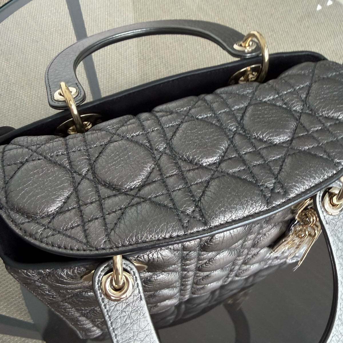 Dior Lady Medium Flap - Cannage Dark Gray Gold Hardware