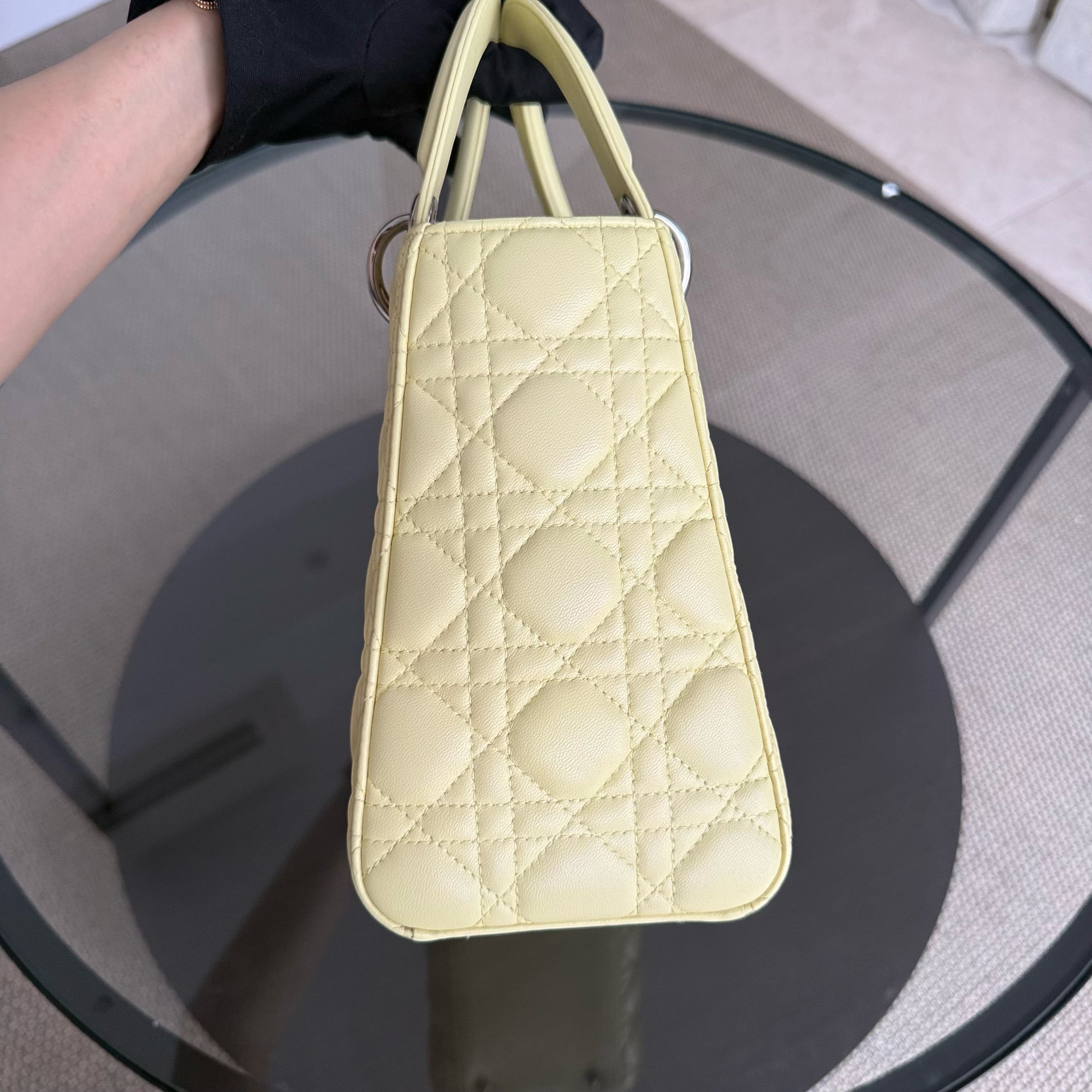 Dior Lady Medium - Cannage Lambskin Light Yellow Silver Hardware
