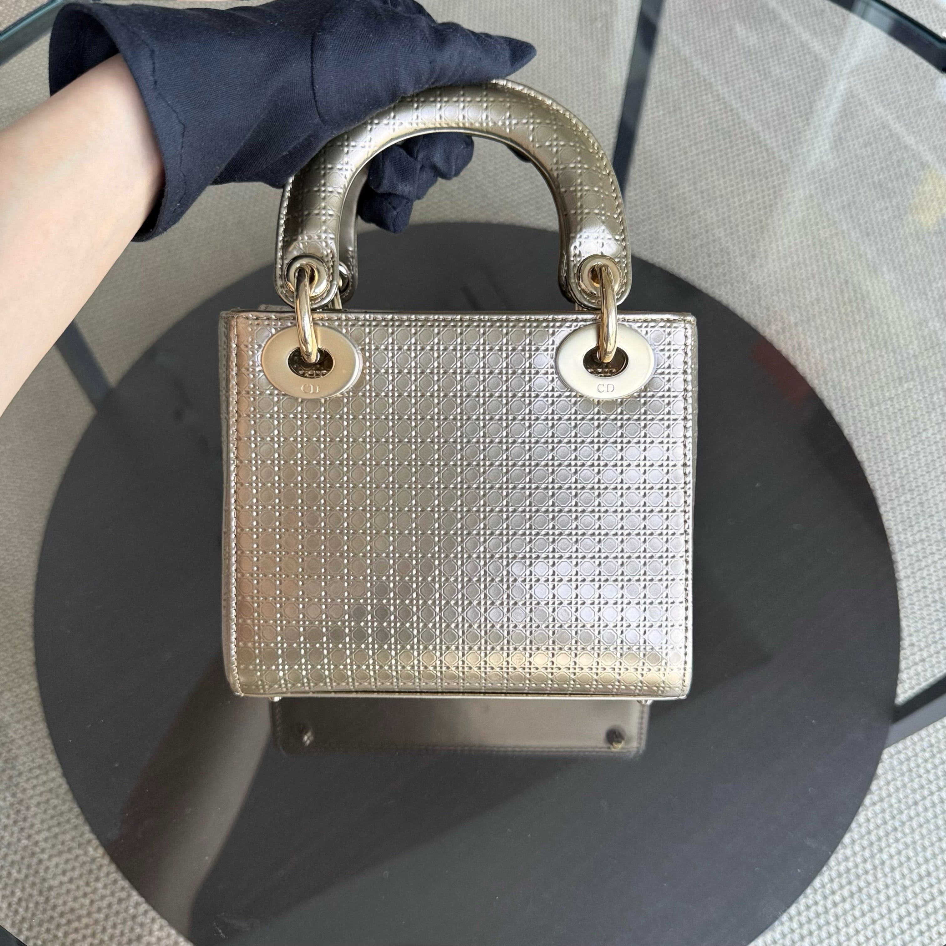 Dior Lady Mini - Calfskin Micro-Cannage Metallic Gold Gold Hardware Chain Strap