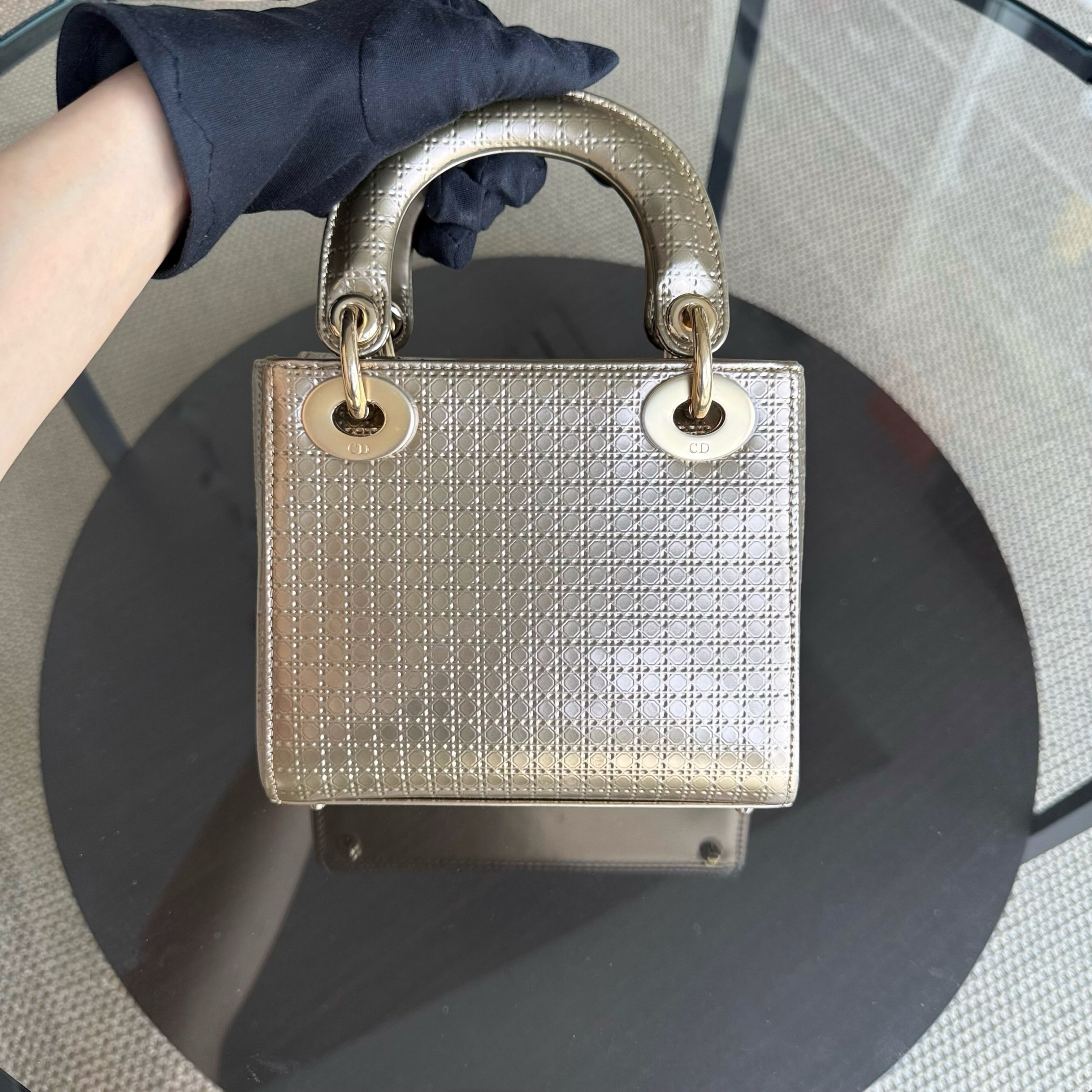 Dior Lady Mini - Calfskin Micro-Cannage Metallic Gold Gold Hardware Chain Strap