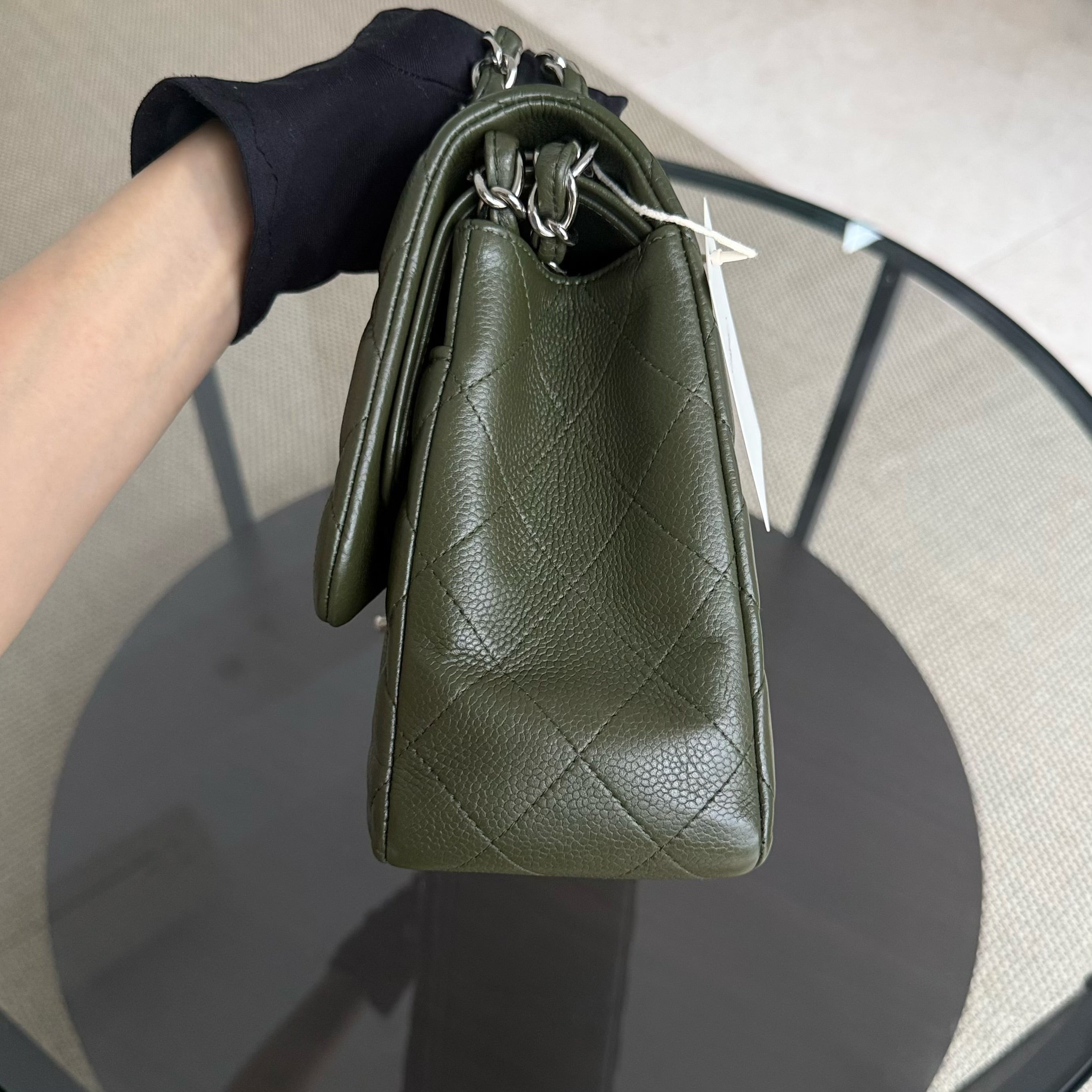 Chanel Classic Flap Jumbo - Caviar 30CM Double Flap Quilted Dark Army Green Silver Hardware Series 14