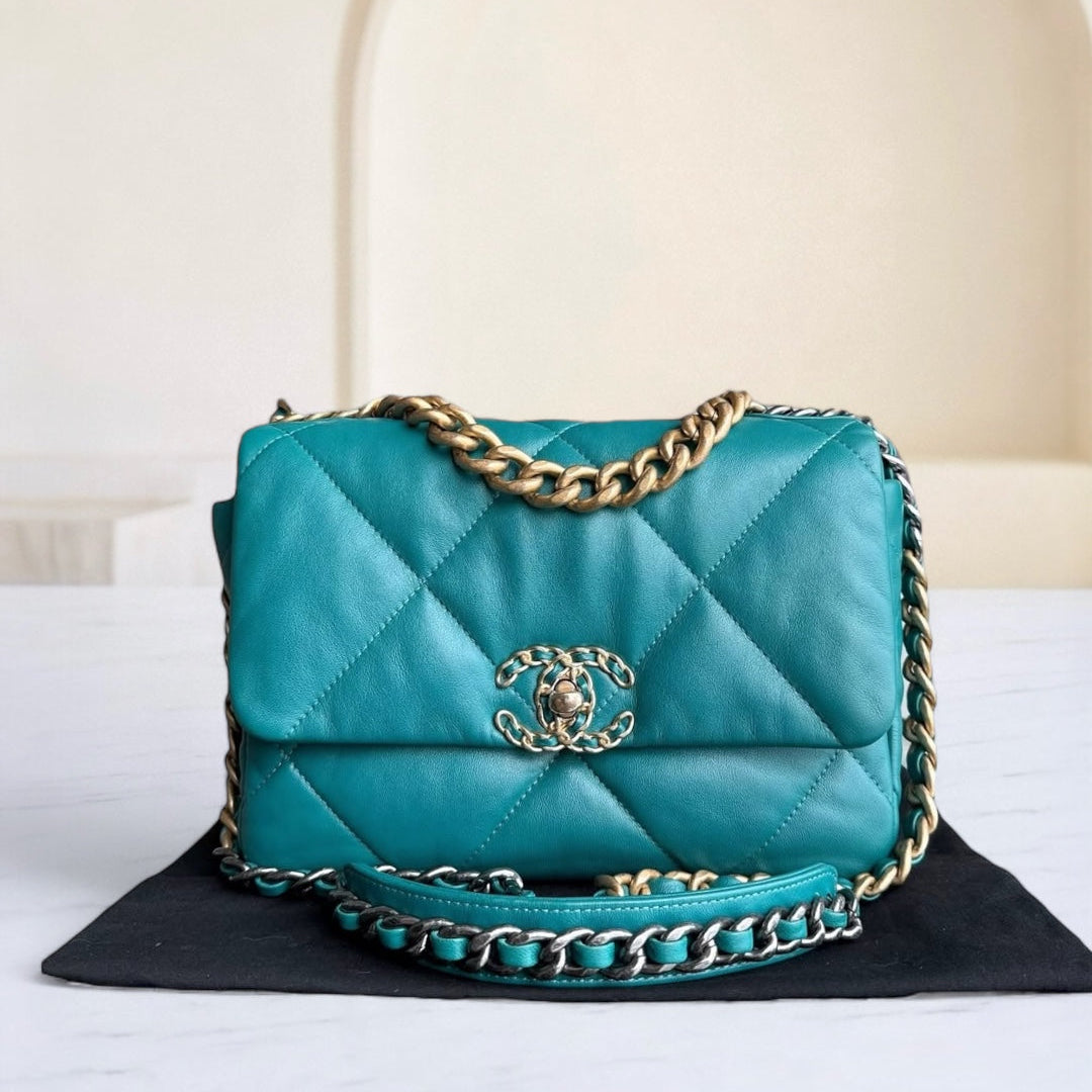 Chanel 19 Bag Small - Quilted Goatskin Green Blue Two-tone Hardware Series 30