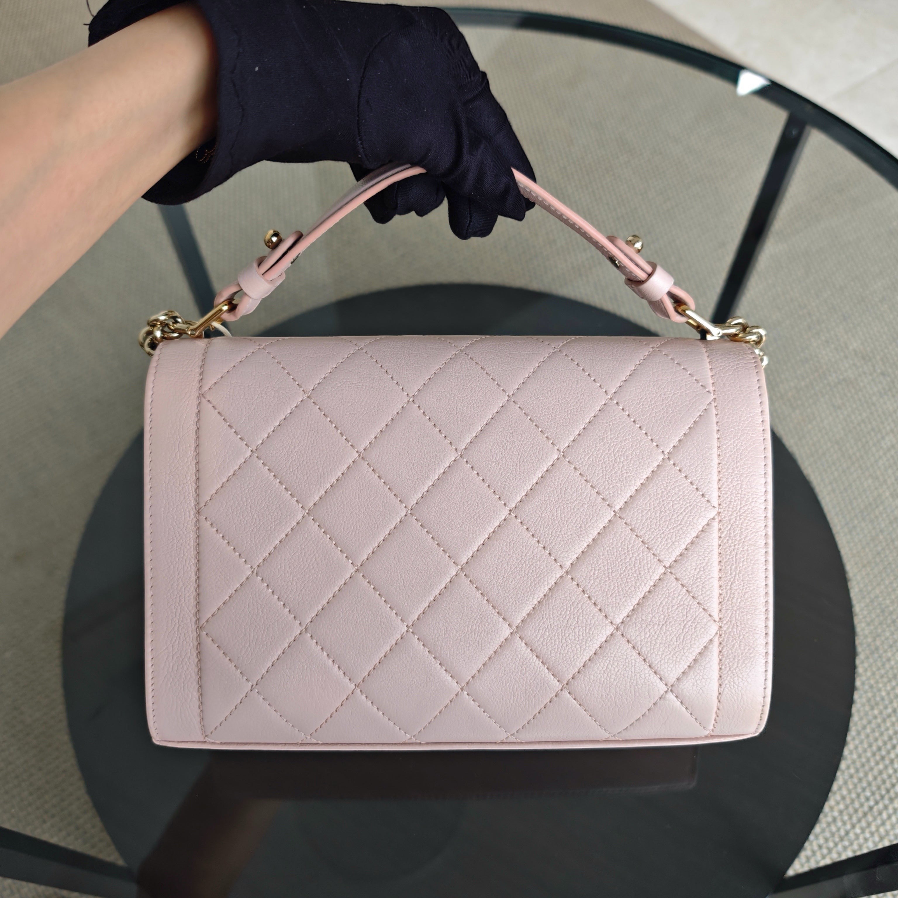 Chanel Label Click Medium - 25CM Quilted Grained Calfskin Light Pink Gold Hardware Series 23