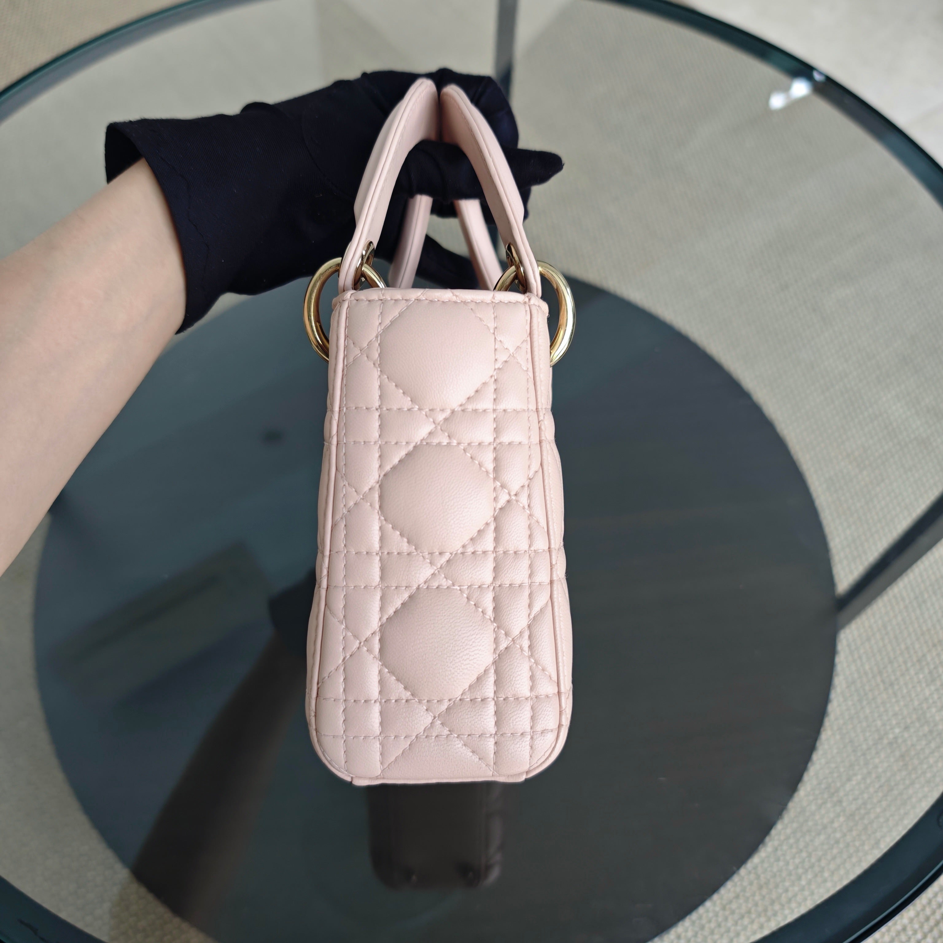 Dior Lady Mini - Cannage Lambskin Light Pink Gold Hardware Adjustable Strap
