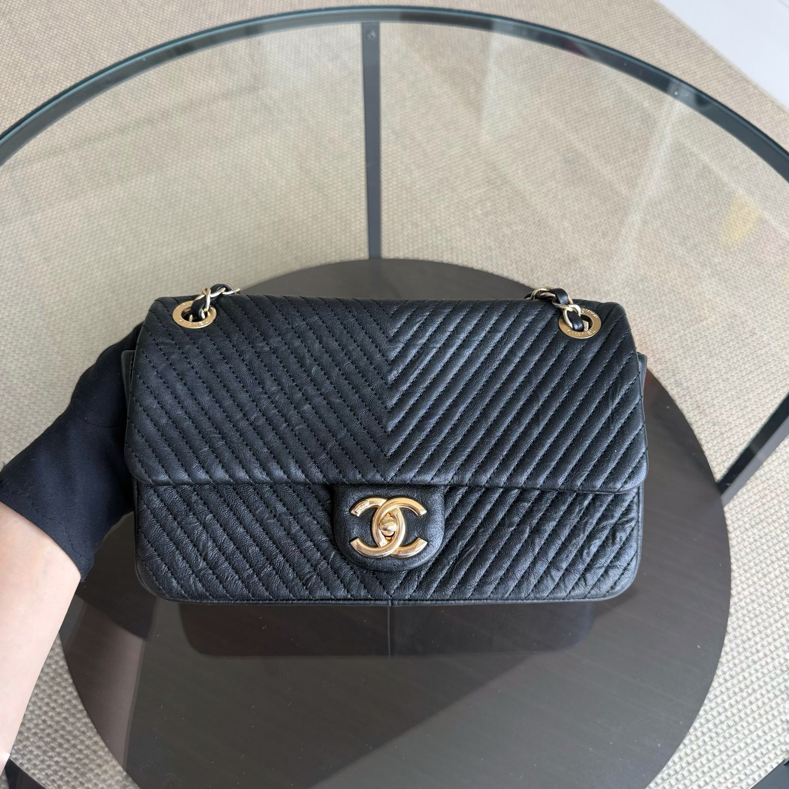 Chanel Seasonal Flap - Chevron Surpique CC Herringbone Medallion Calfskin Flap Black Gold Hardware Series 22