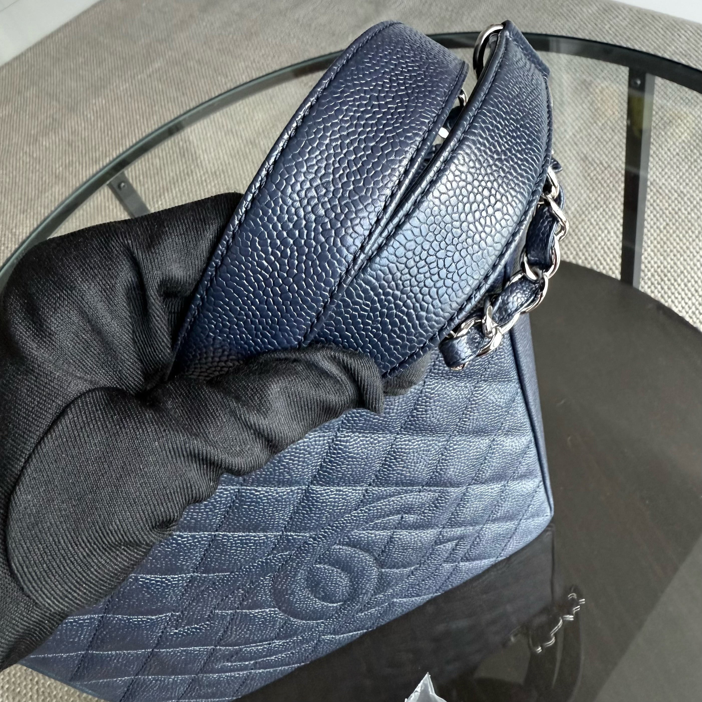 Chanel PST Petite Shopping Tote - Caviar 24CM Quilted Dark Blue Silver Hardware Series 18