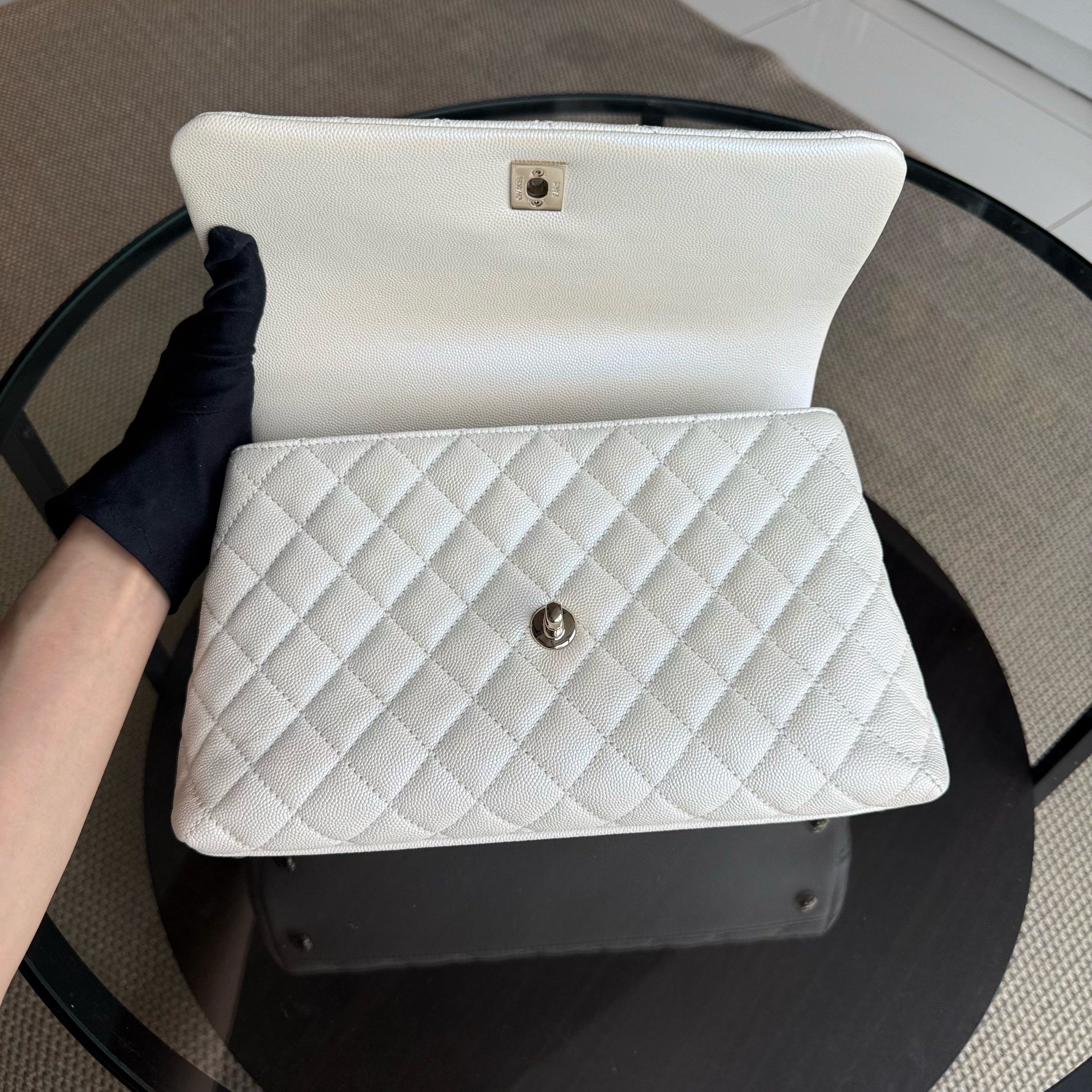 Chanel Coco Handle Medium - Caviar 29CM Quilted Irridescent Pearl White Gold Hardware Series 30