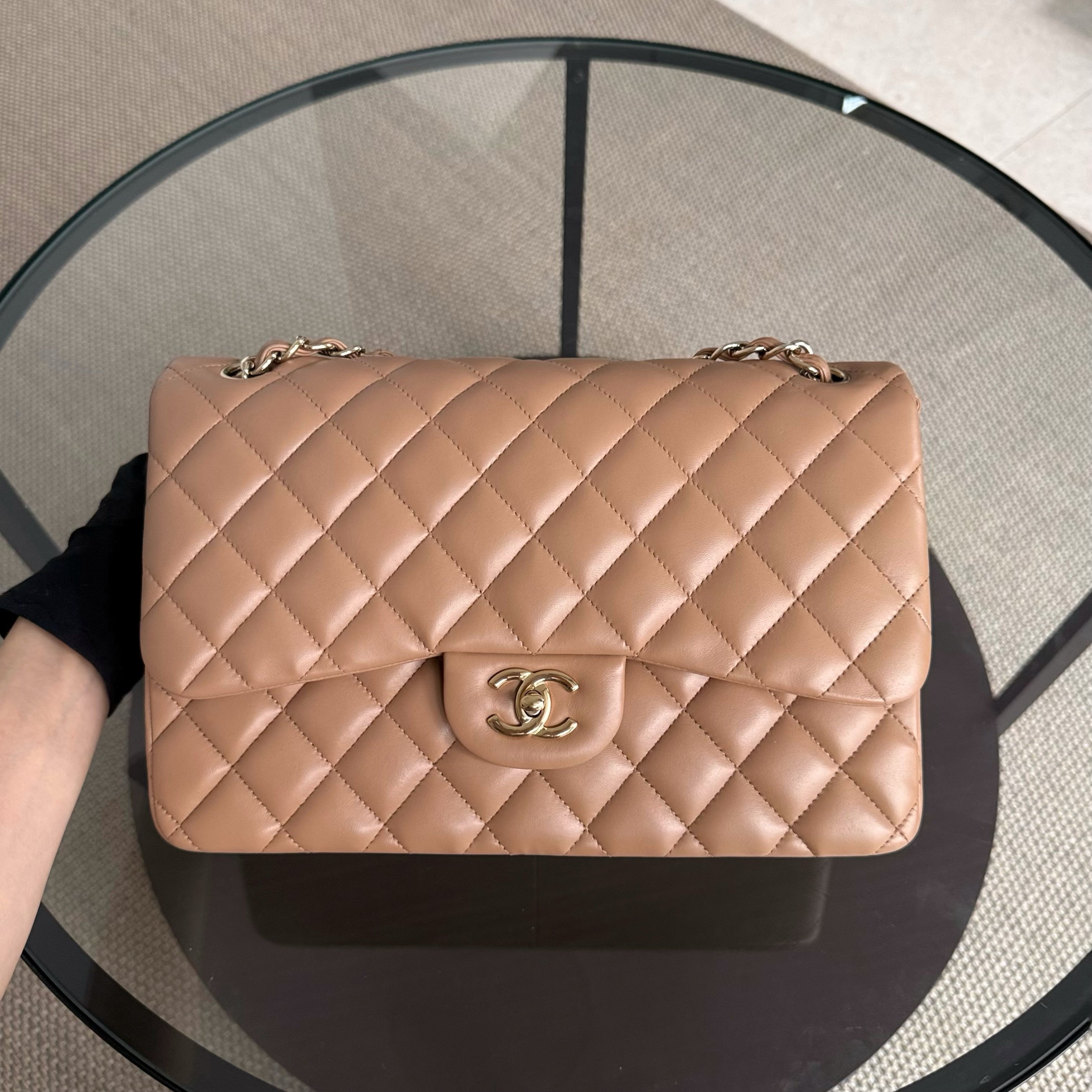 Chanel Classic Flap Jumbo - Double Flap 30CM Quilted Lambskin Caramel Dark Beige Gold Hardware Series 18