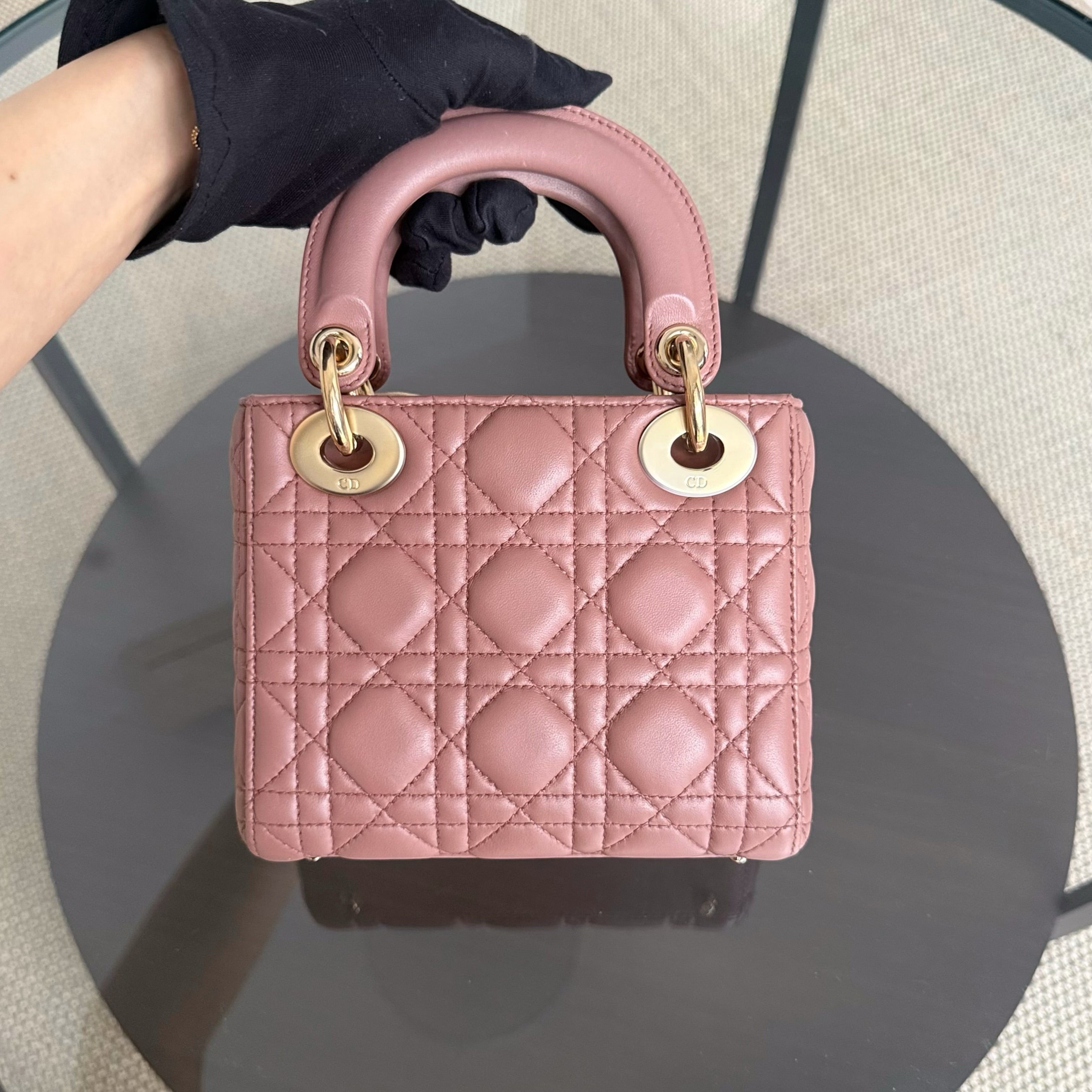 Dior Lady Mini - Cannage Lambskin Blush Gold Hardware Chain Strap