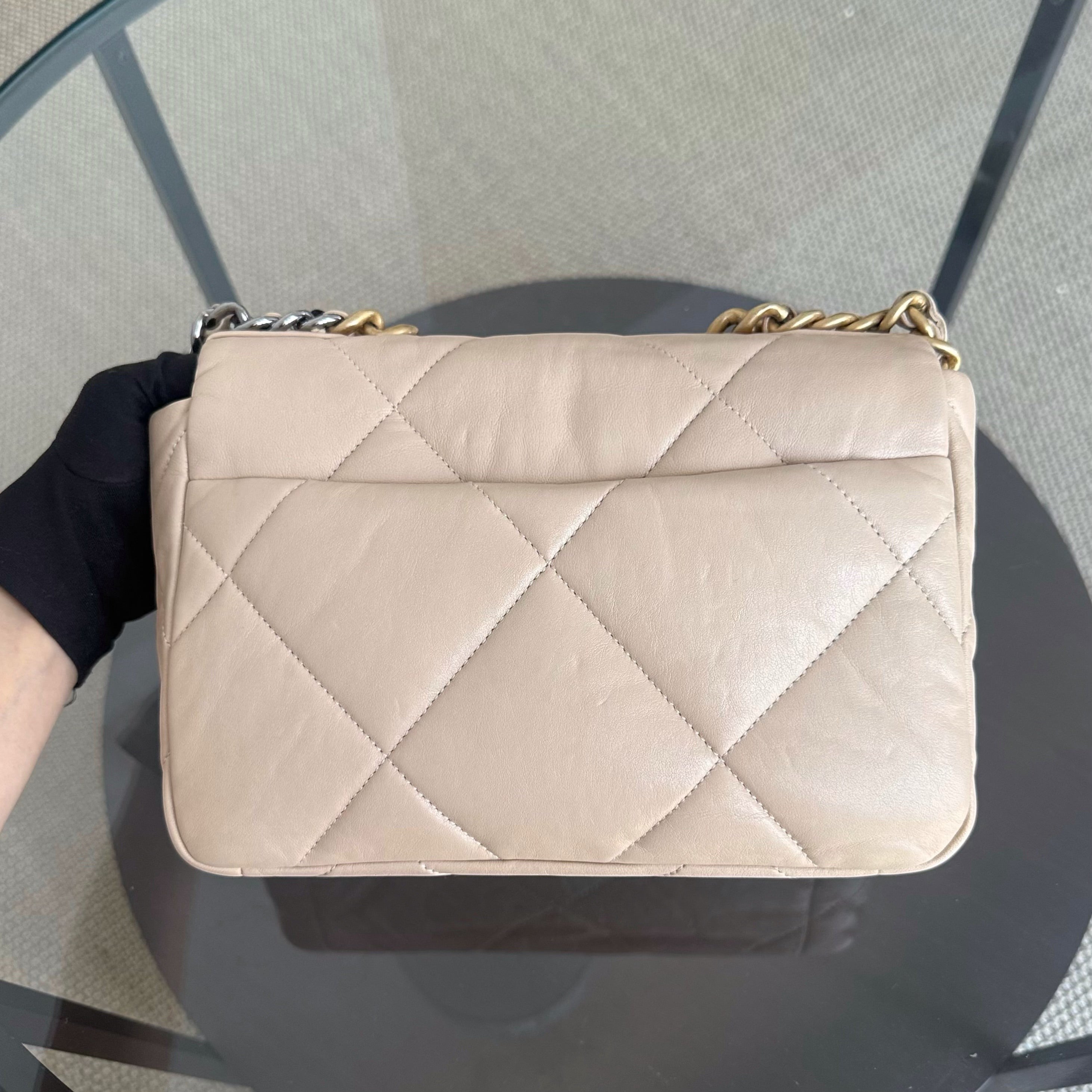 Chanel Small 19 Bag C19 Quilted Beige Two Tone Golden Hardware Series 30