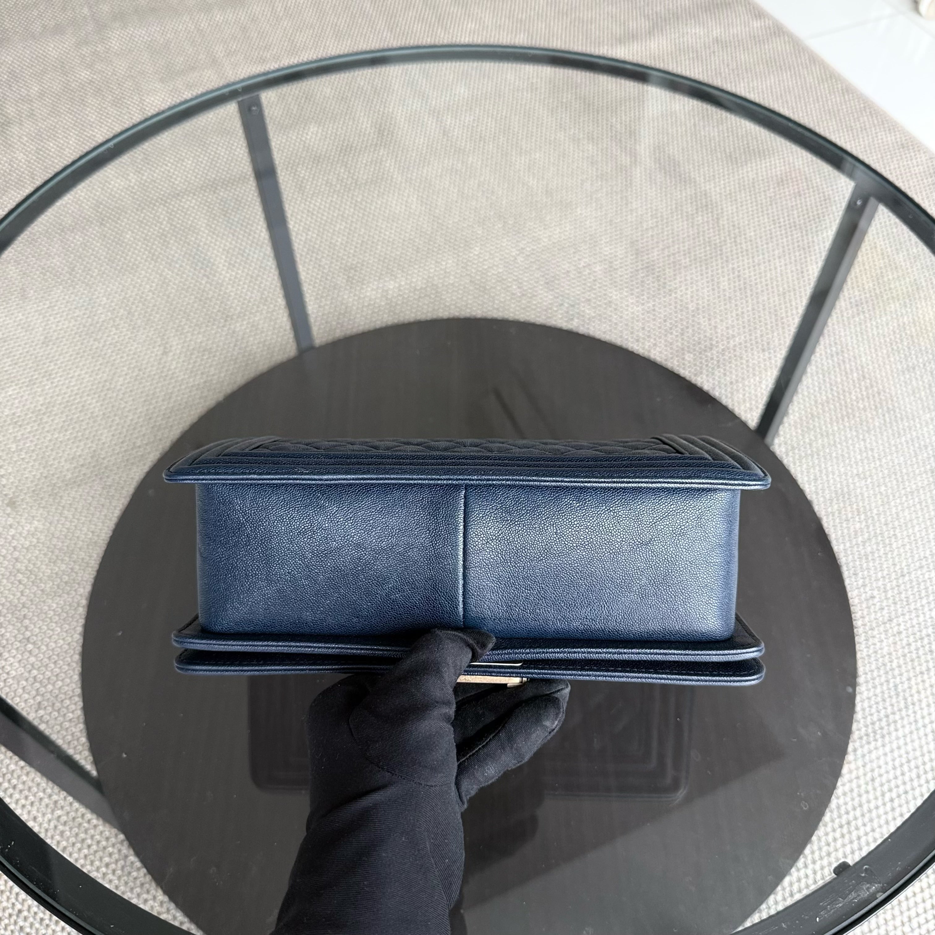 Chanel Boy Medium - Caviar 25CM Quilted Dark Blue Gold Hardware Series 27