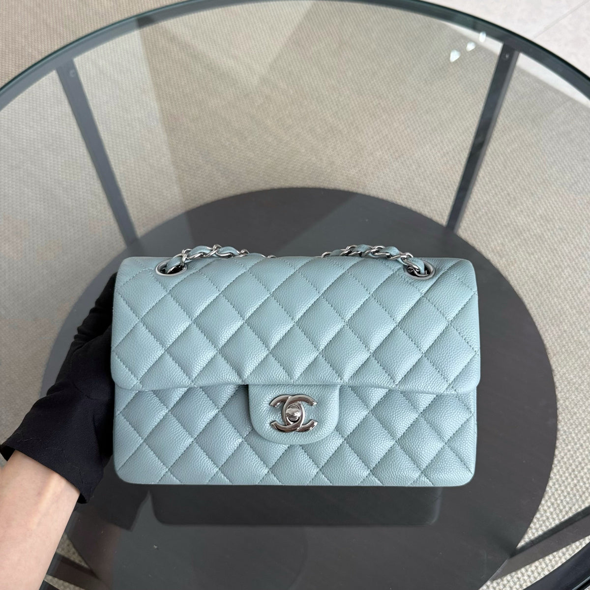 Chanel Classic Flap Small - Caviar 23CM Quilted Light Blue Green Silver Hardware Series 30
