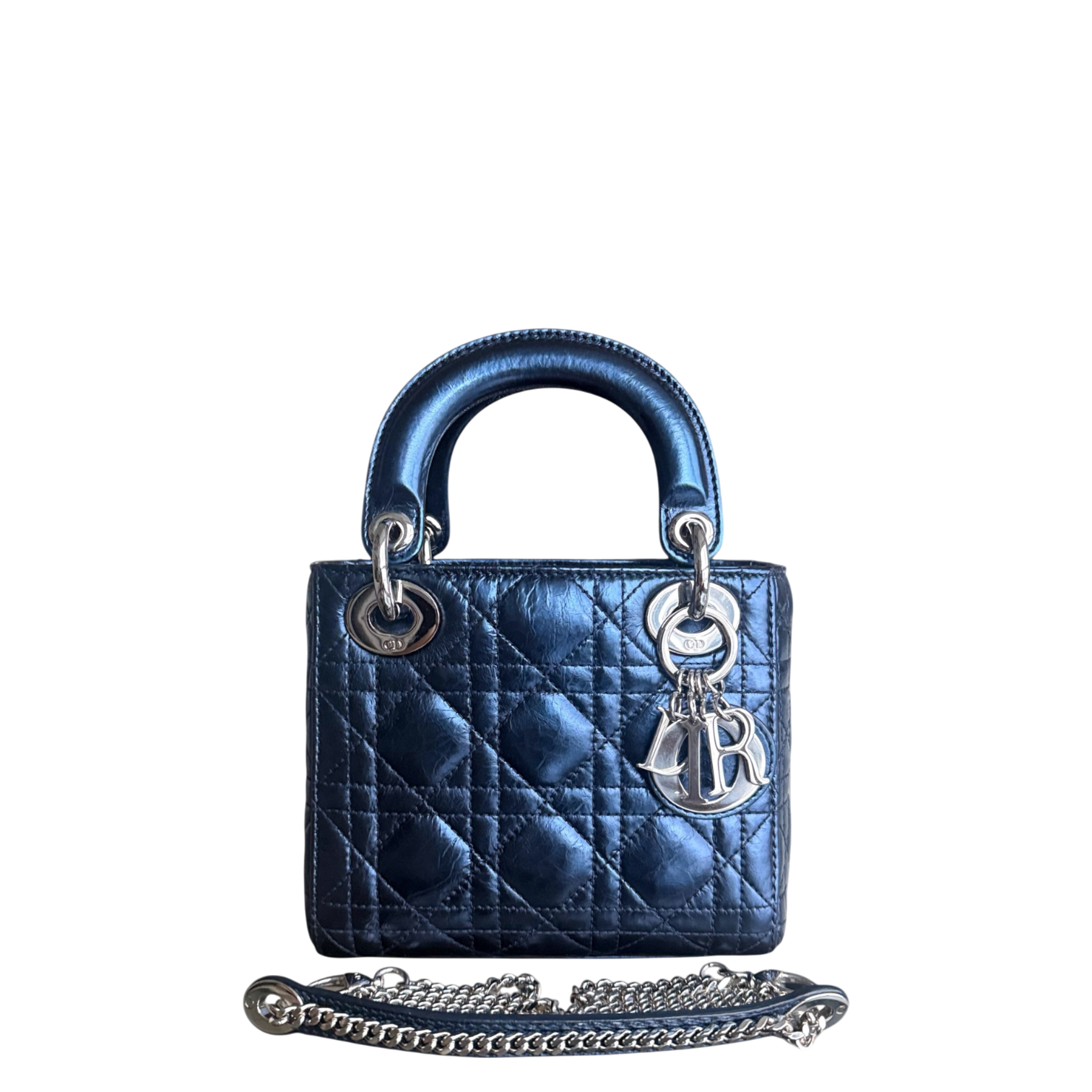 Dior Lady Mini - Cannage Glazed Calfskin Metallic Blue Silver Hardware