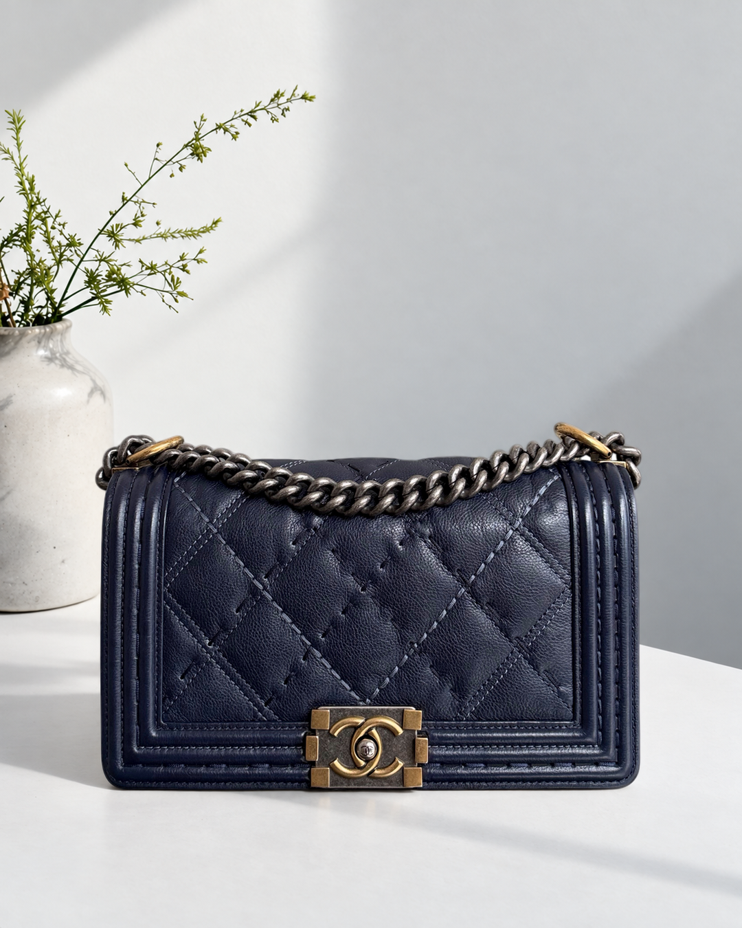 Chanel Boy Medium - Caviar 25CM Calfskin Quilted Dark Blue Two Tone Hardware Series 20