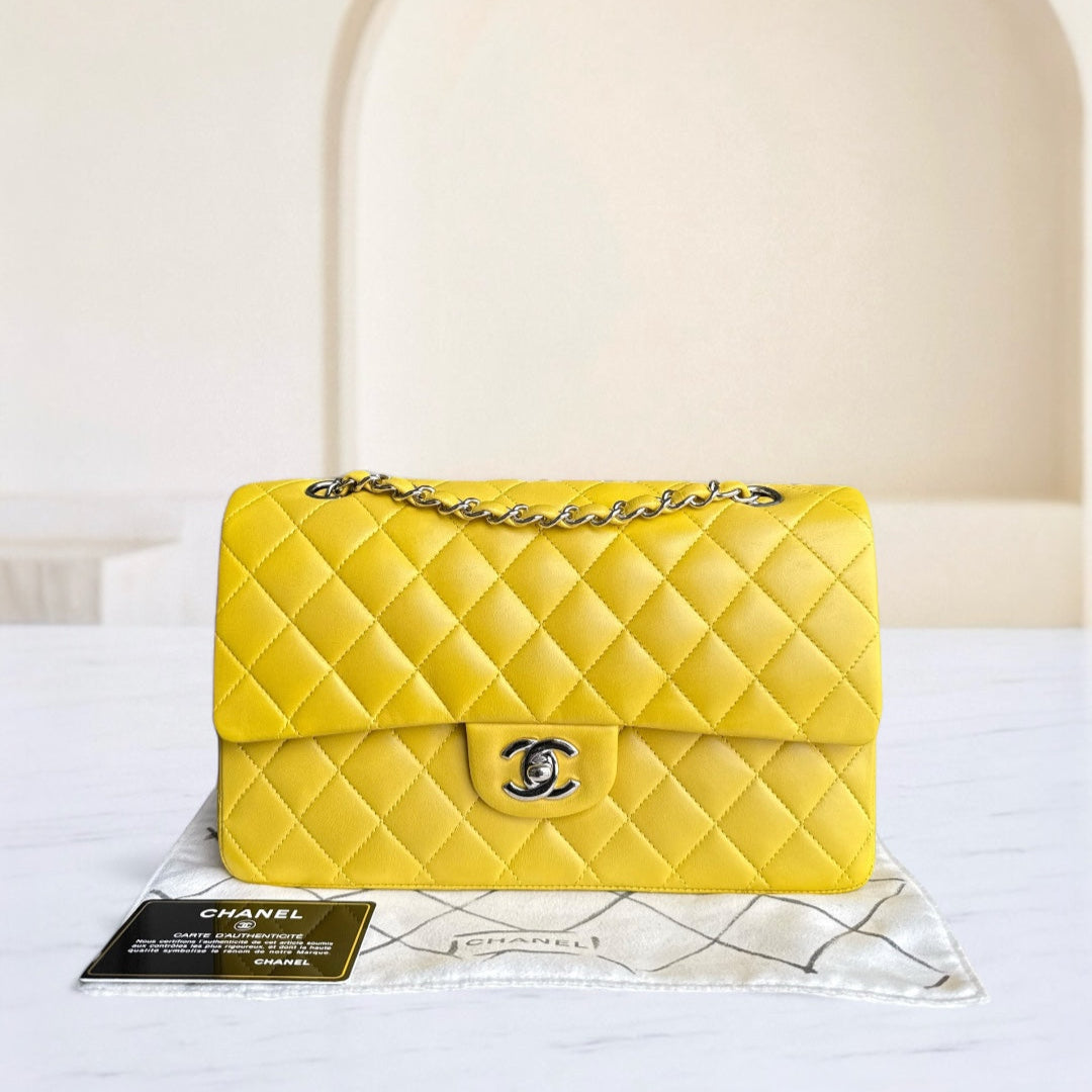 Chanel Classic Flap Medium - 25CM Quilted Lambskin Yellow Silver Hardware Series 13