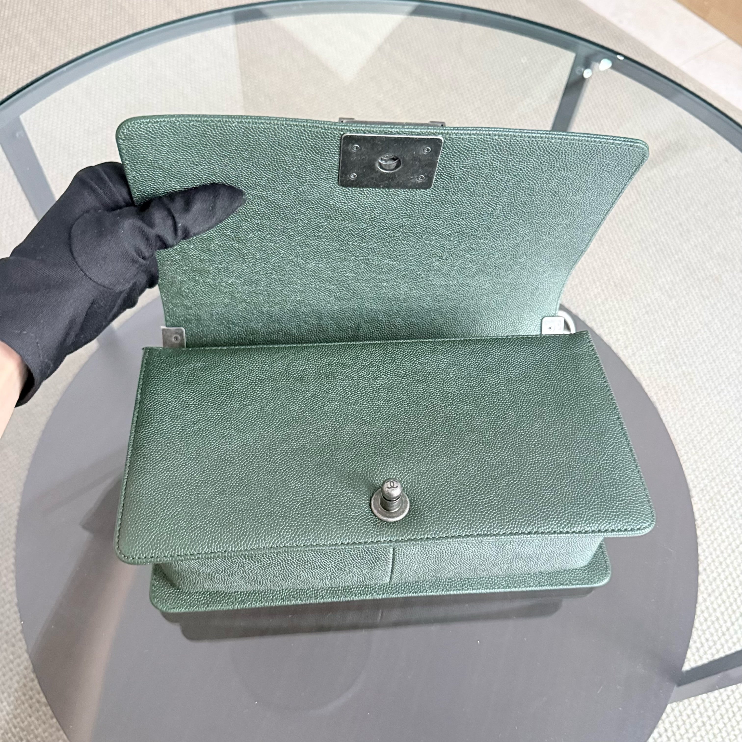 Chanel Boy Medium - Caviar 25CM Chevron Dark Green Ruthenium Silver Hardware Series 26