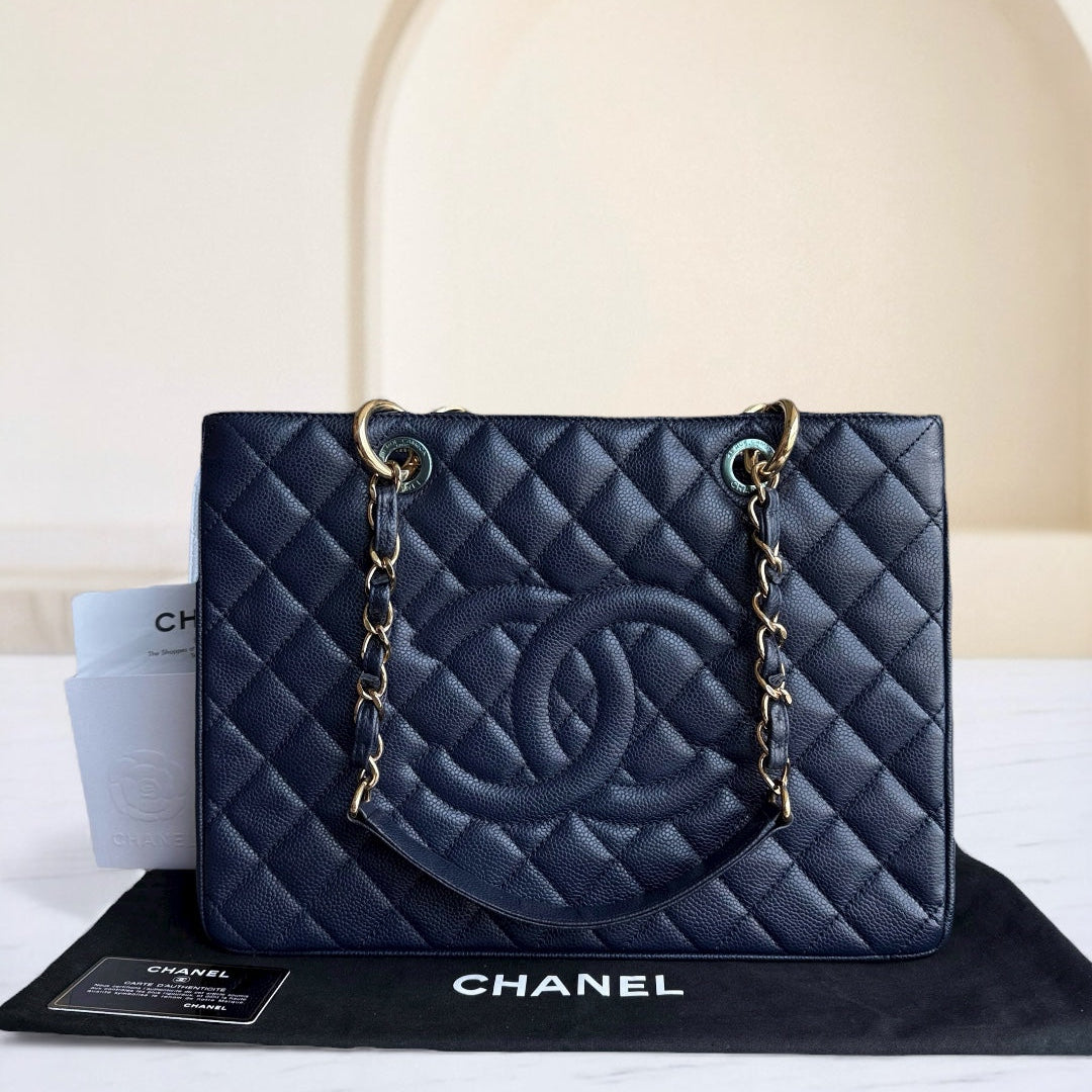 Chanel GST Grand Shopping Tote - Caviar Quilted Grained Calfskin Dark Navy Blue Gold Hardware Series 19