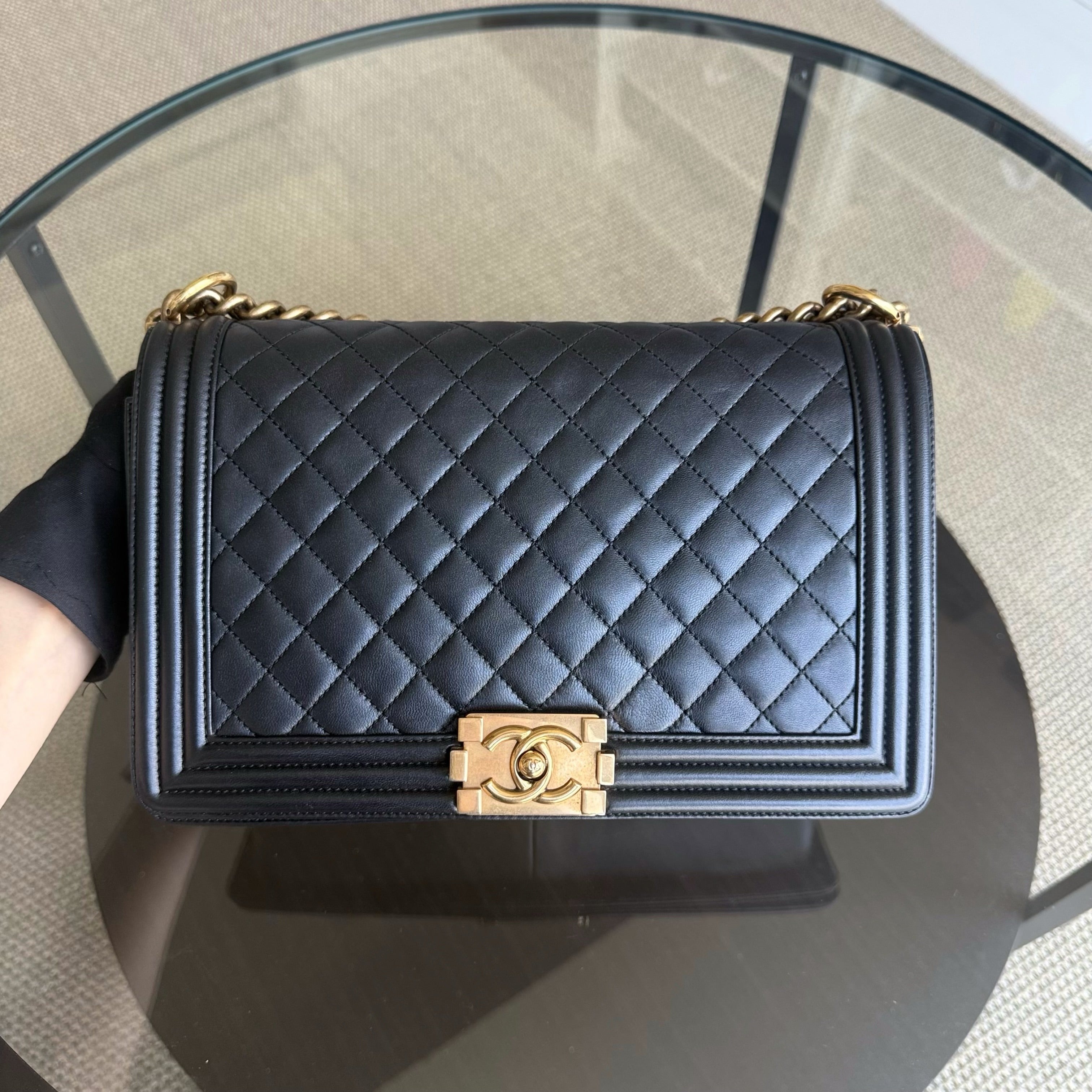 Chanel Boy New Medium - 28CM Quilted Lambskin Black Gold Hardware Series 19