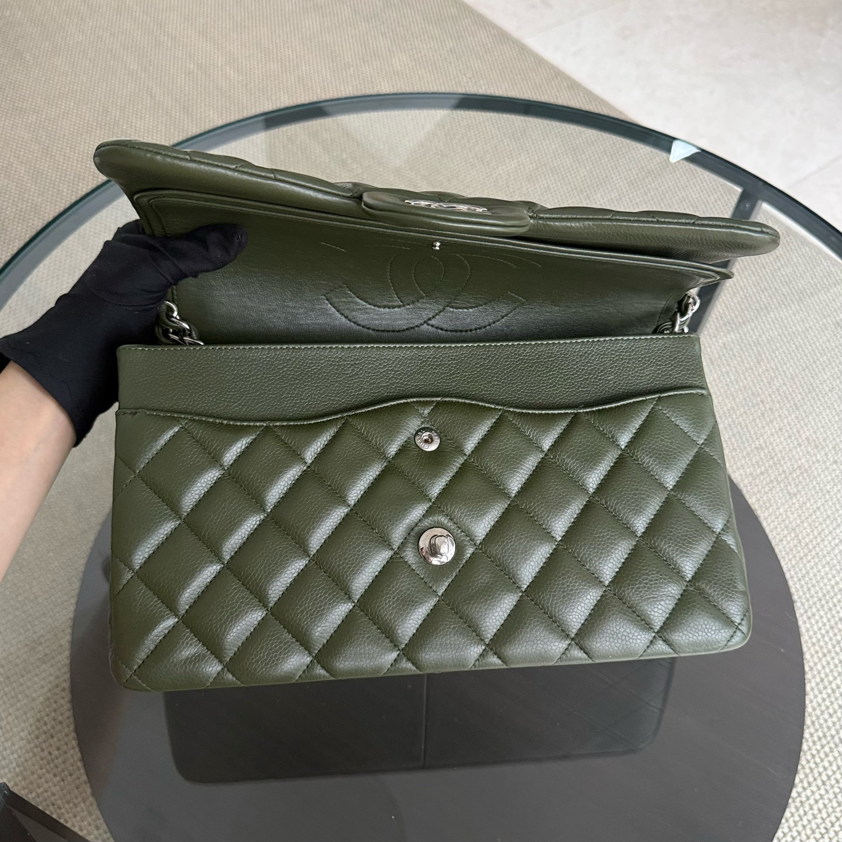 Chanel Classic Flap Jumbo - Caviar 30CM Double Flap Quilted Dark Army Green Silver Hardware Series 14